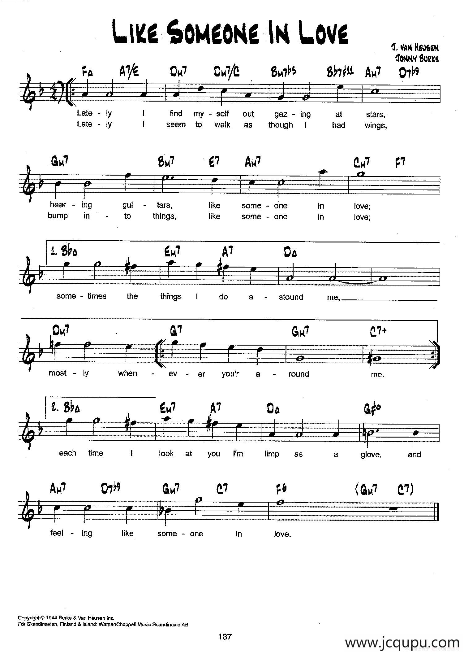 降B爵士乐谱：LIKE SOMEONE IN LOVE简谱