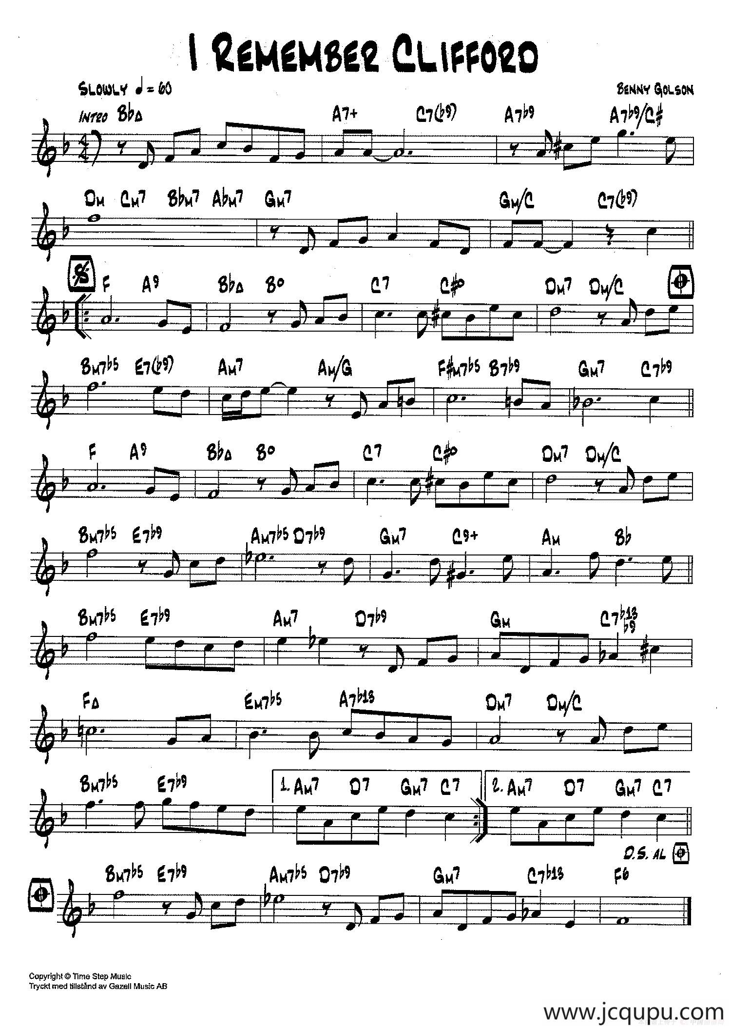 降B爵士乐谱：I REMEMBER CLIFFORD简谱