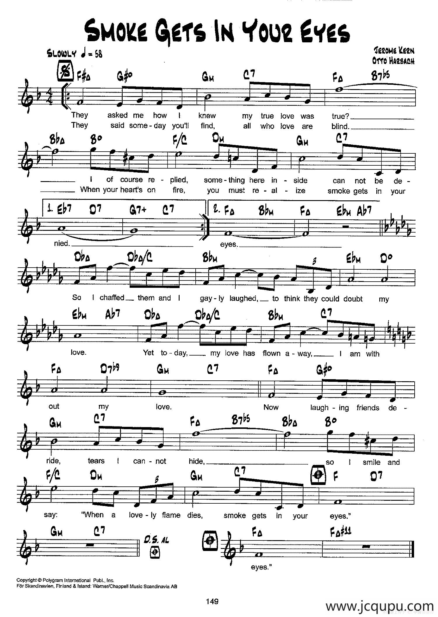 降B爵士乐谱：SMOKE GETS IN YOUR EYES简谱