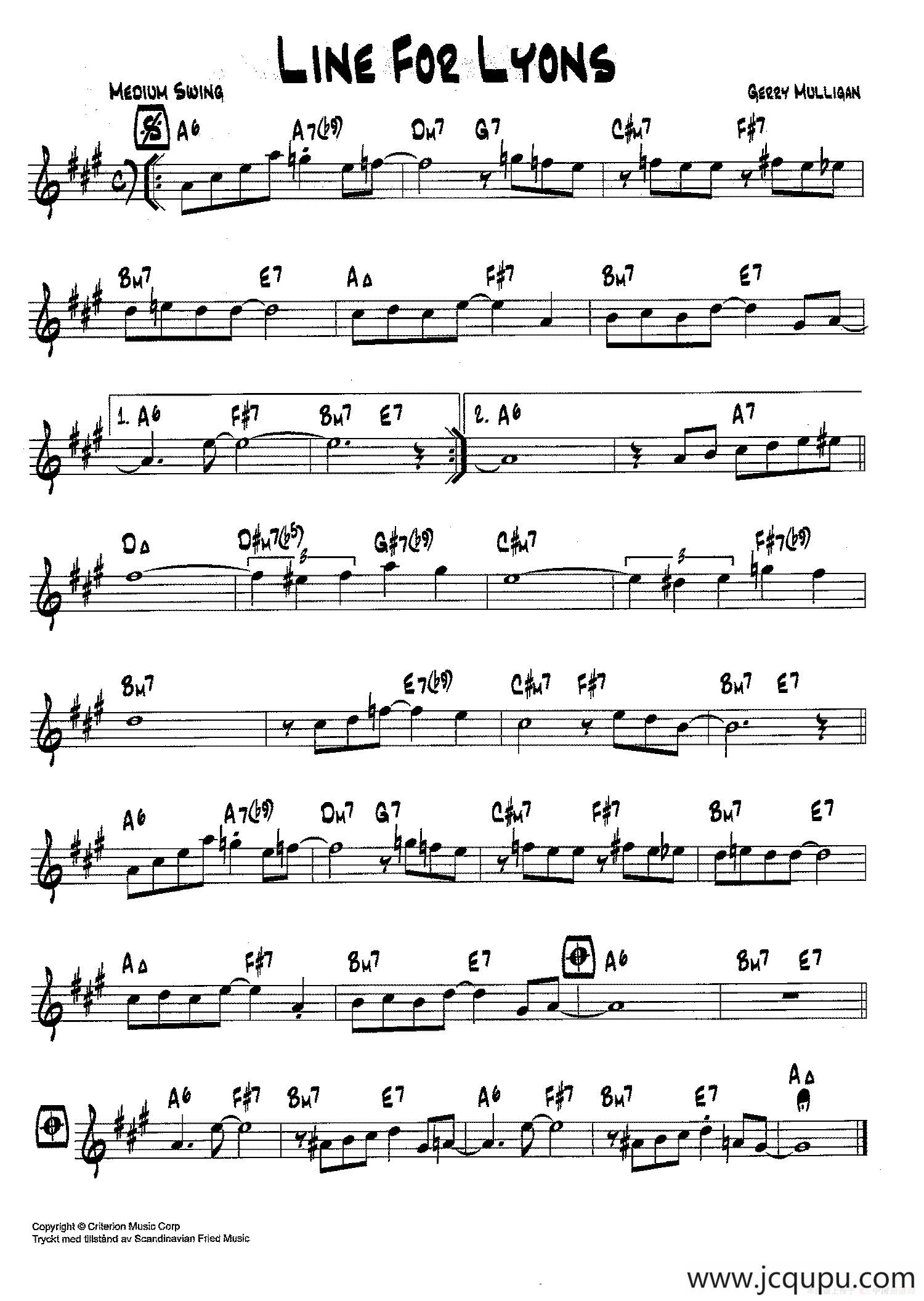 降B爵士乐谱：LINE FOR LYONS简谱