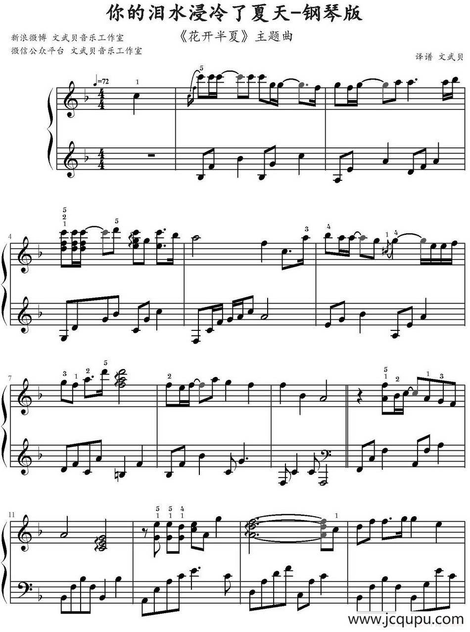 你的泪水浸冷了夏天（《花开半夏》主题曲、文武贝译谱版）简谱