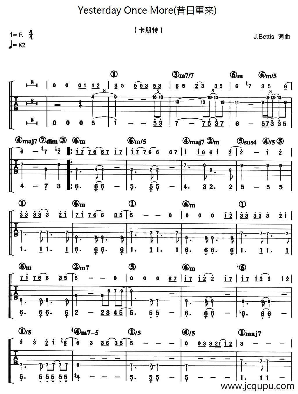 Yesterday Once More(昔日重来)（贝司谱）简谱