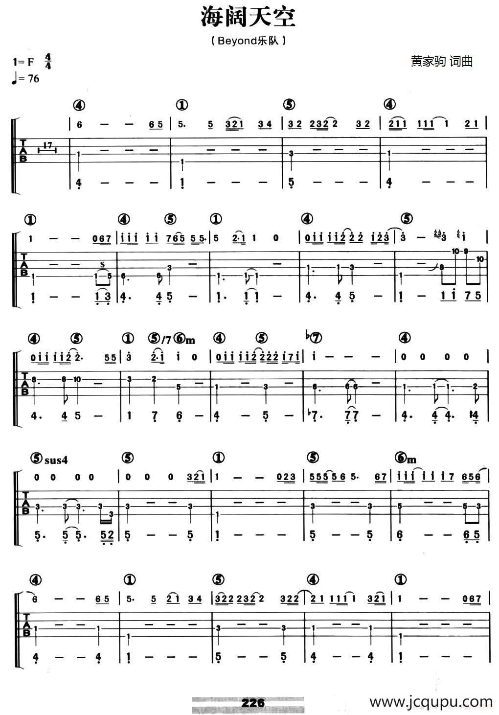 海阔天空（贝司谱）简谱