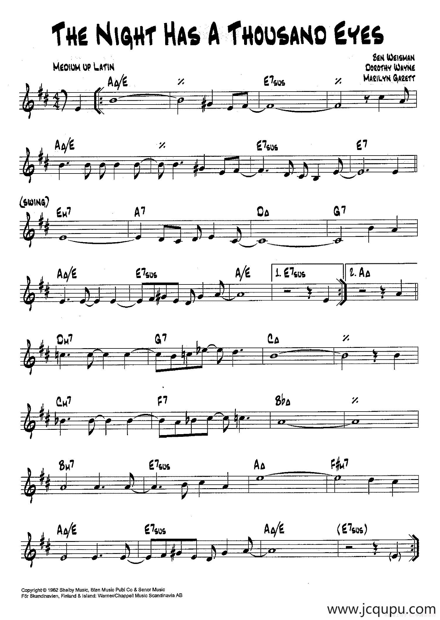 降B爵士乐谱：THE NIGHT HAS A THOUSAND EYES简谱