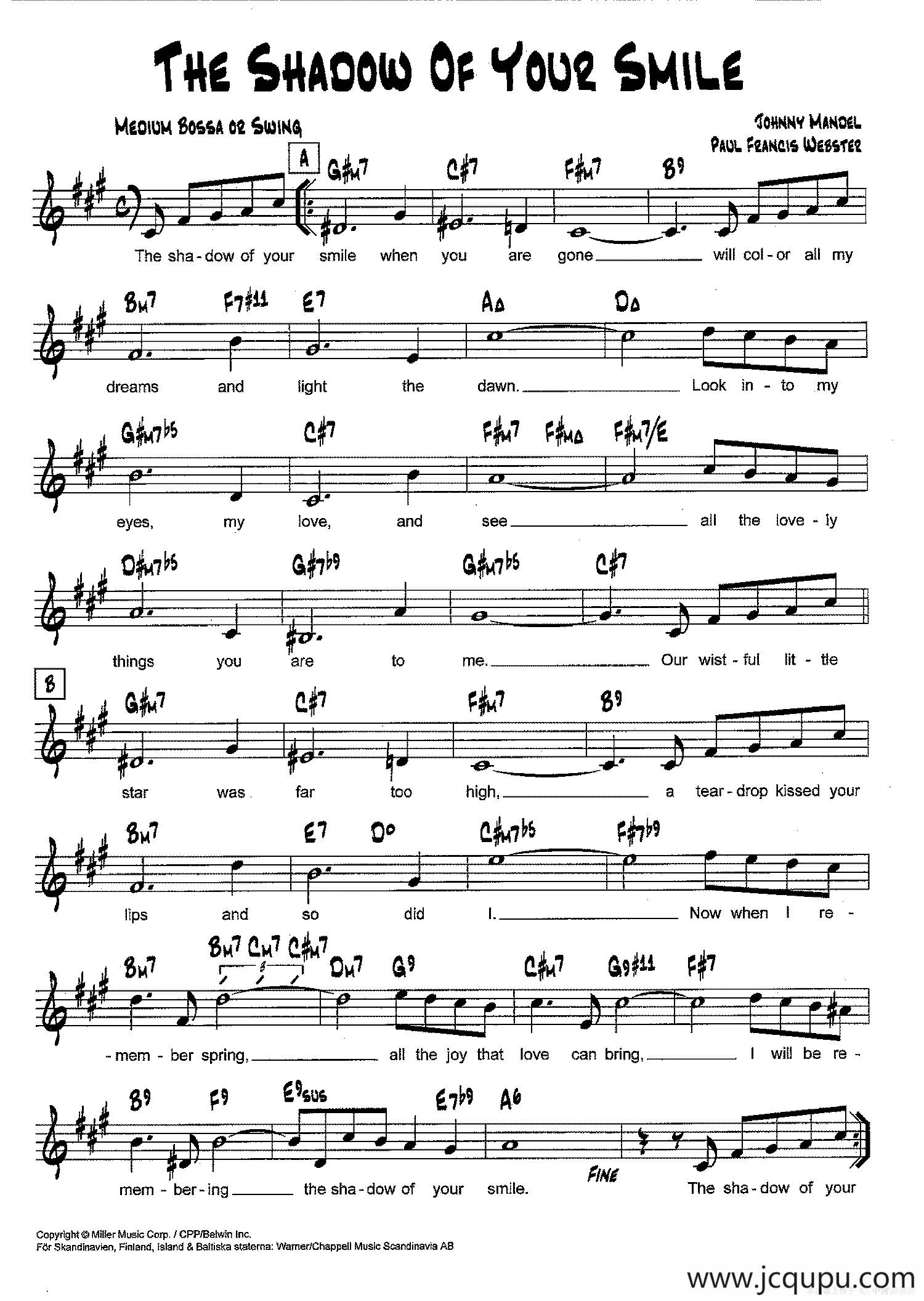 降B爵士乐谱：THE SHADOW OF YOUR SMILE简谱