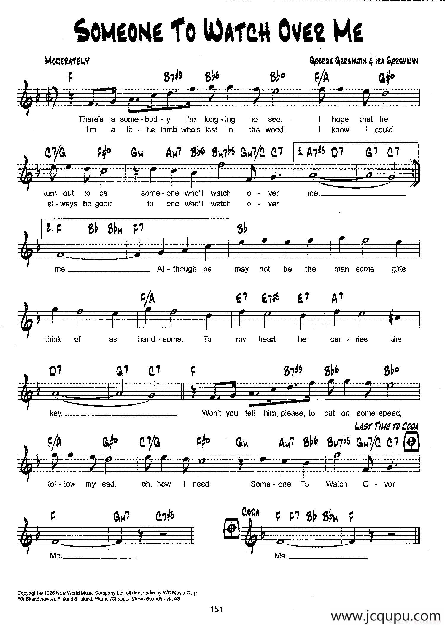 降B爵士乐谱：SOMEONE TO WATCH OVER ME简谱