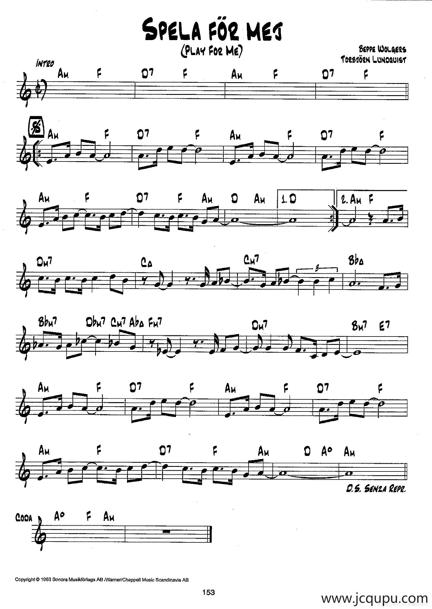 降B爵士乐谱：SPELA FOR MEJ简谱