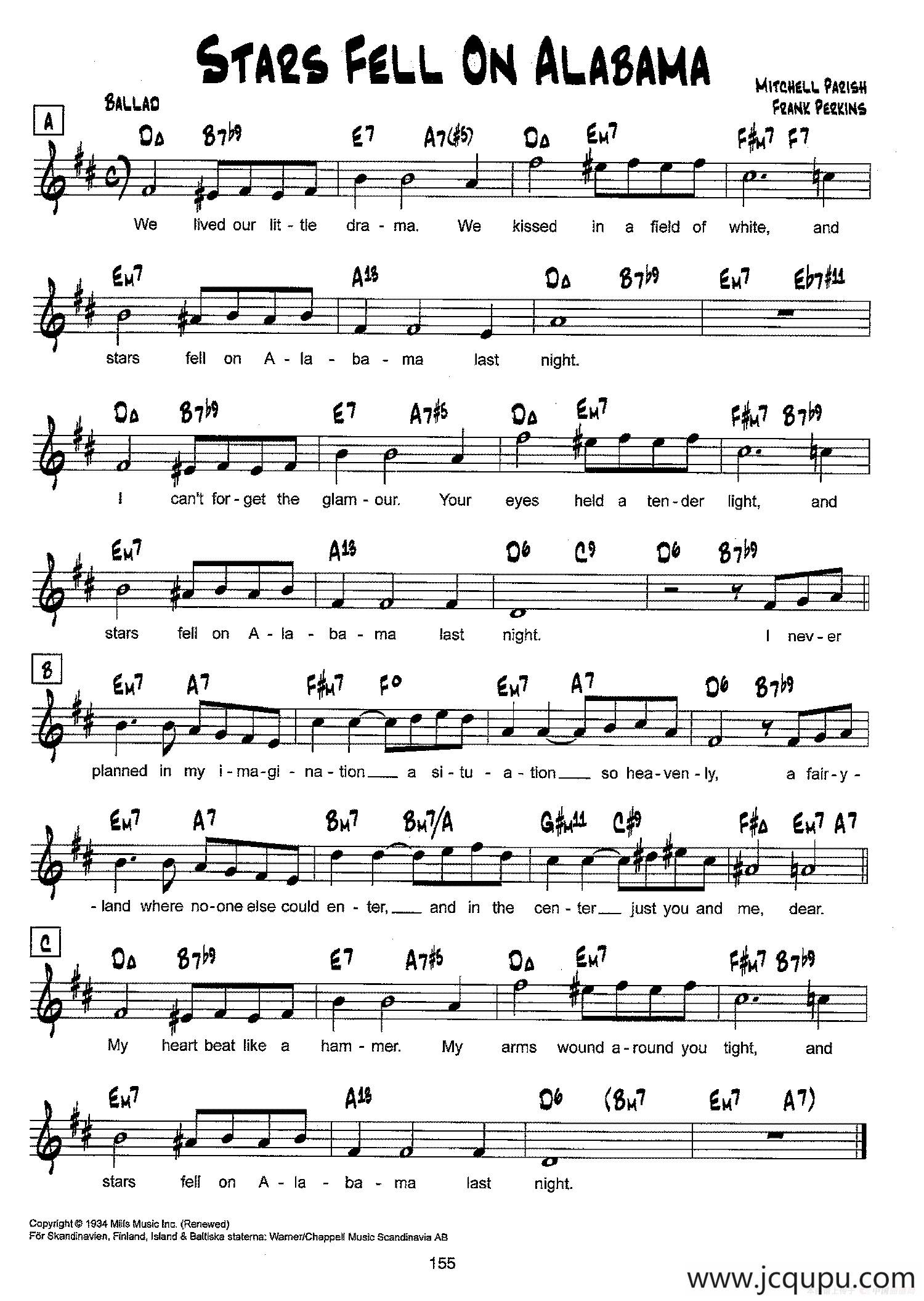 降B爵士乐谱：STARS FELL ON ALABAMA简谱