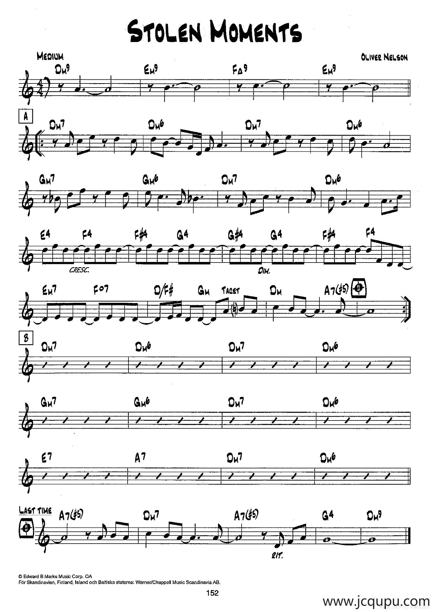 降B爵士乐谱：STOLEN MOMENTS简谱
