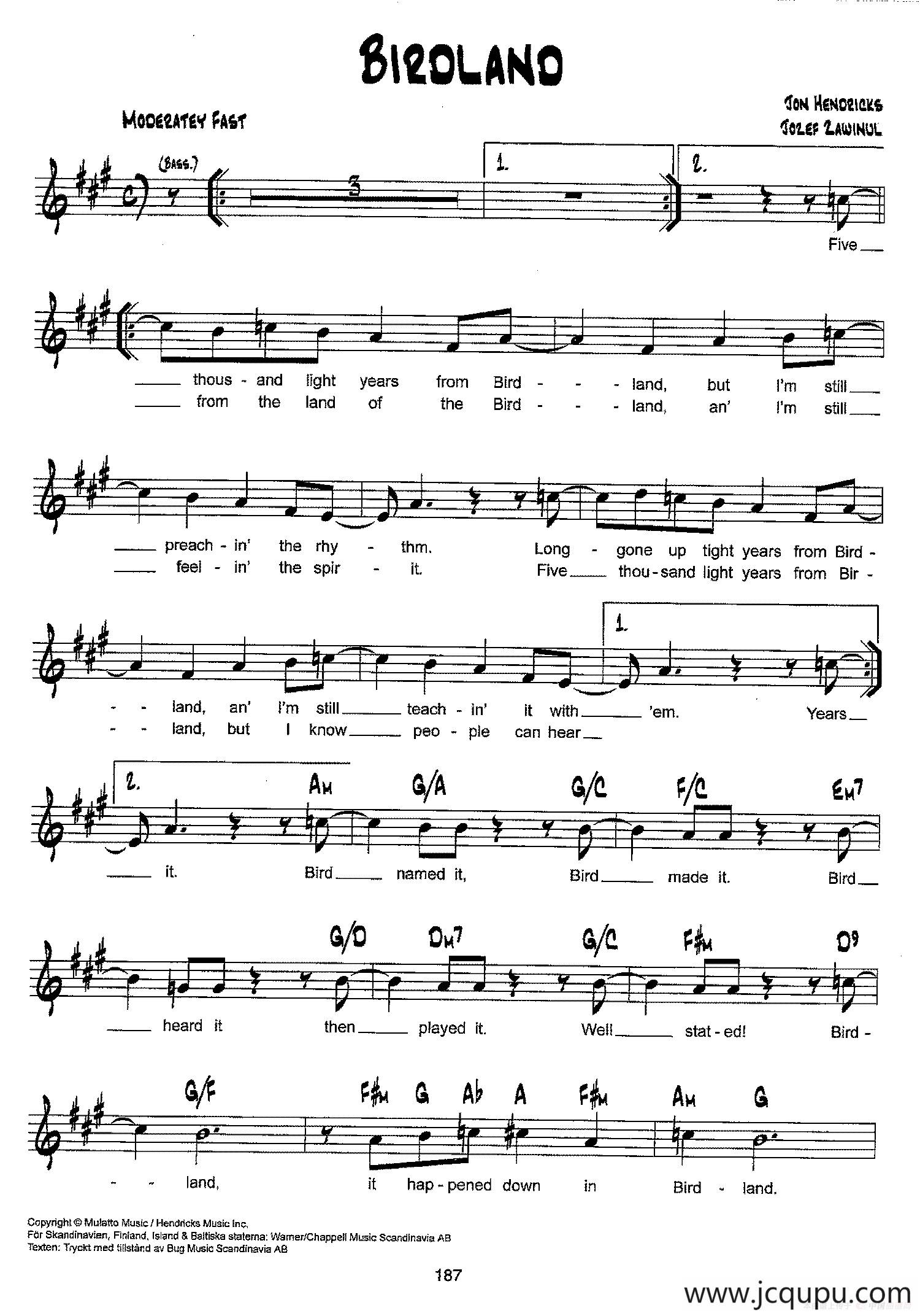 降B爵士乐谱：BIRDLAND简谱