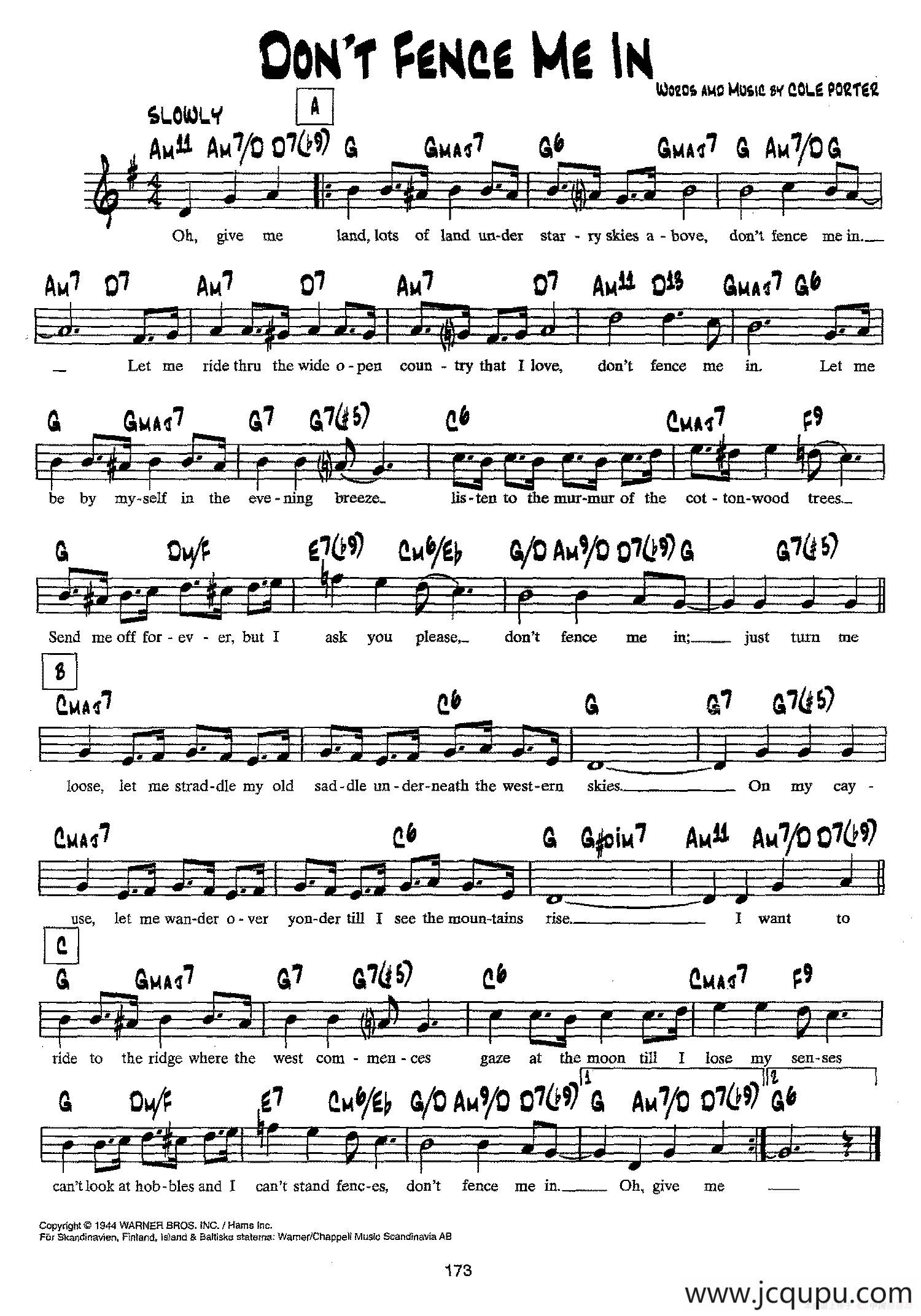 降B爵士乐谱：DON'T FENCE ME IN简谱