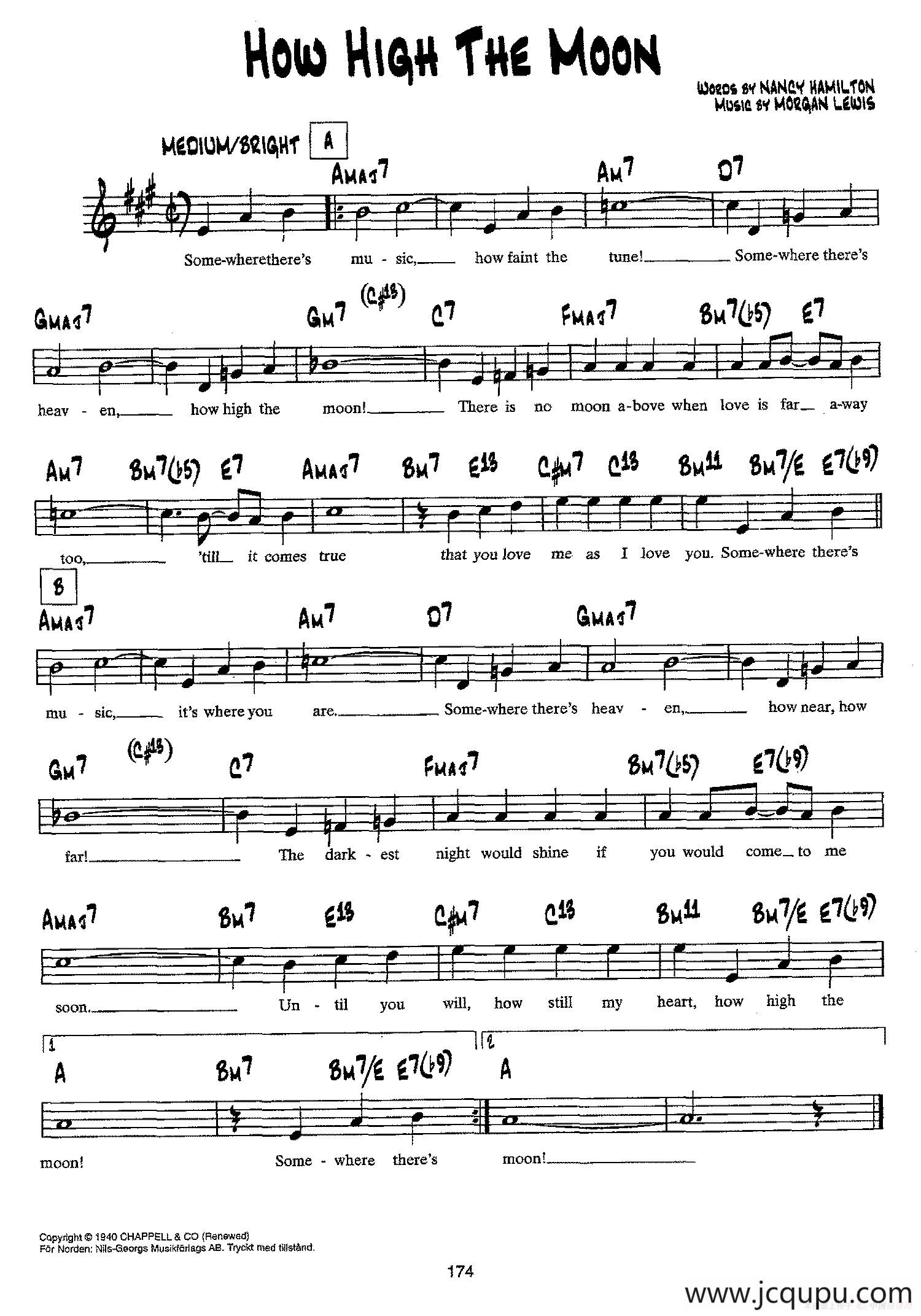 降B爵士乐谱：HOW HIGH THE MOON简谱