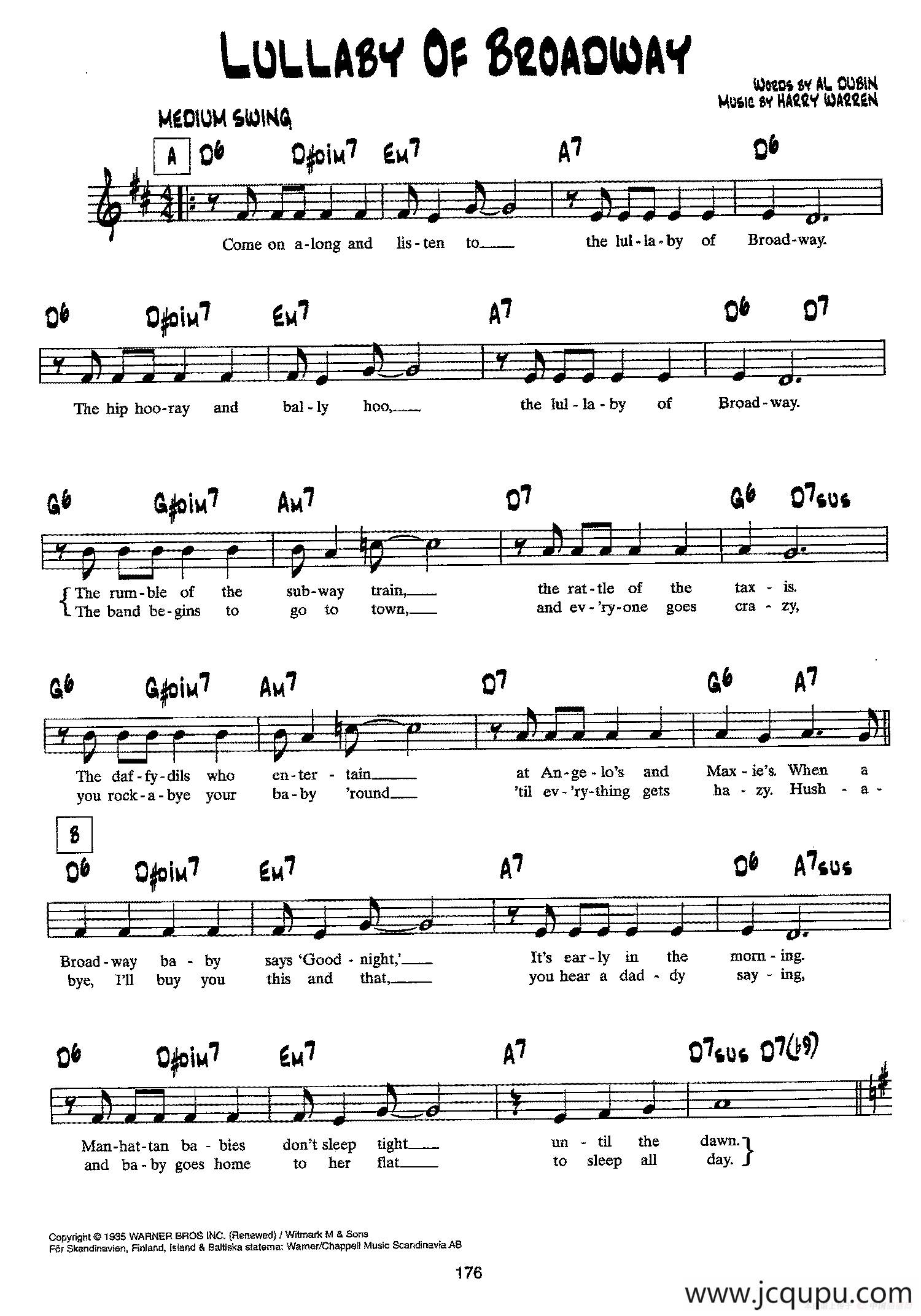 降B爵士乐谱：LULLABY OF BROADWAY简谱