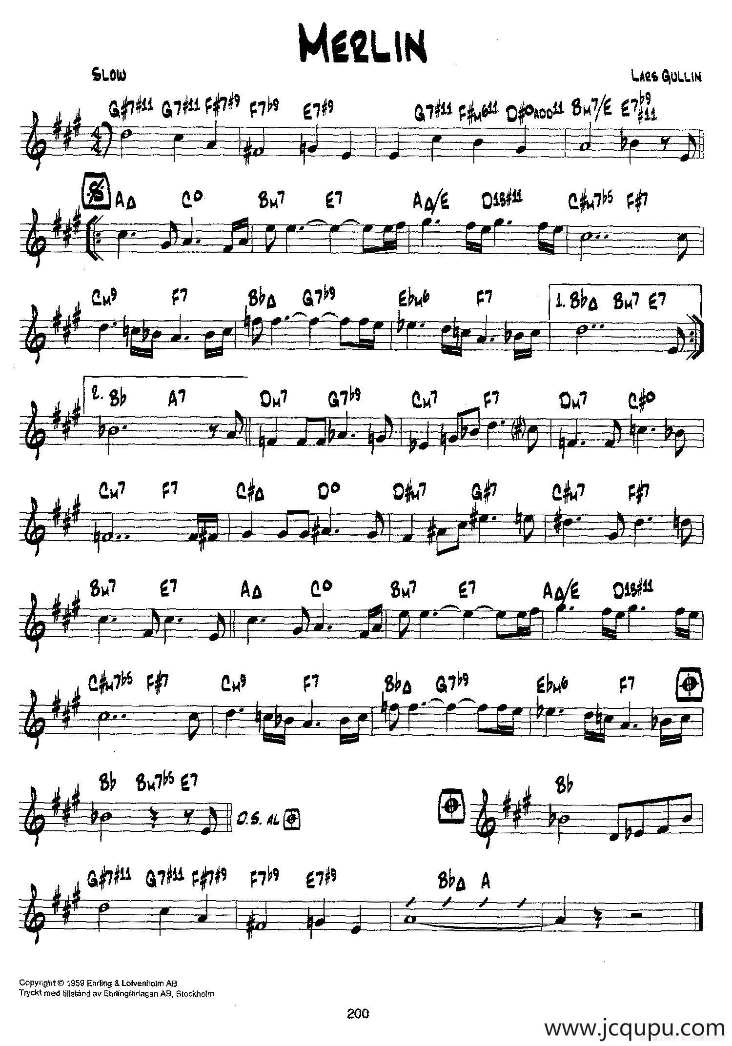 降B爵士乐谱：MERLIN简谱