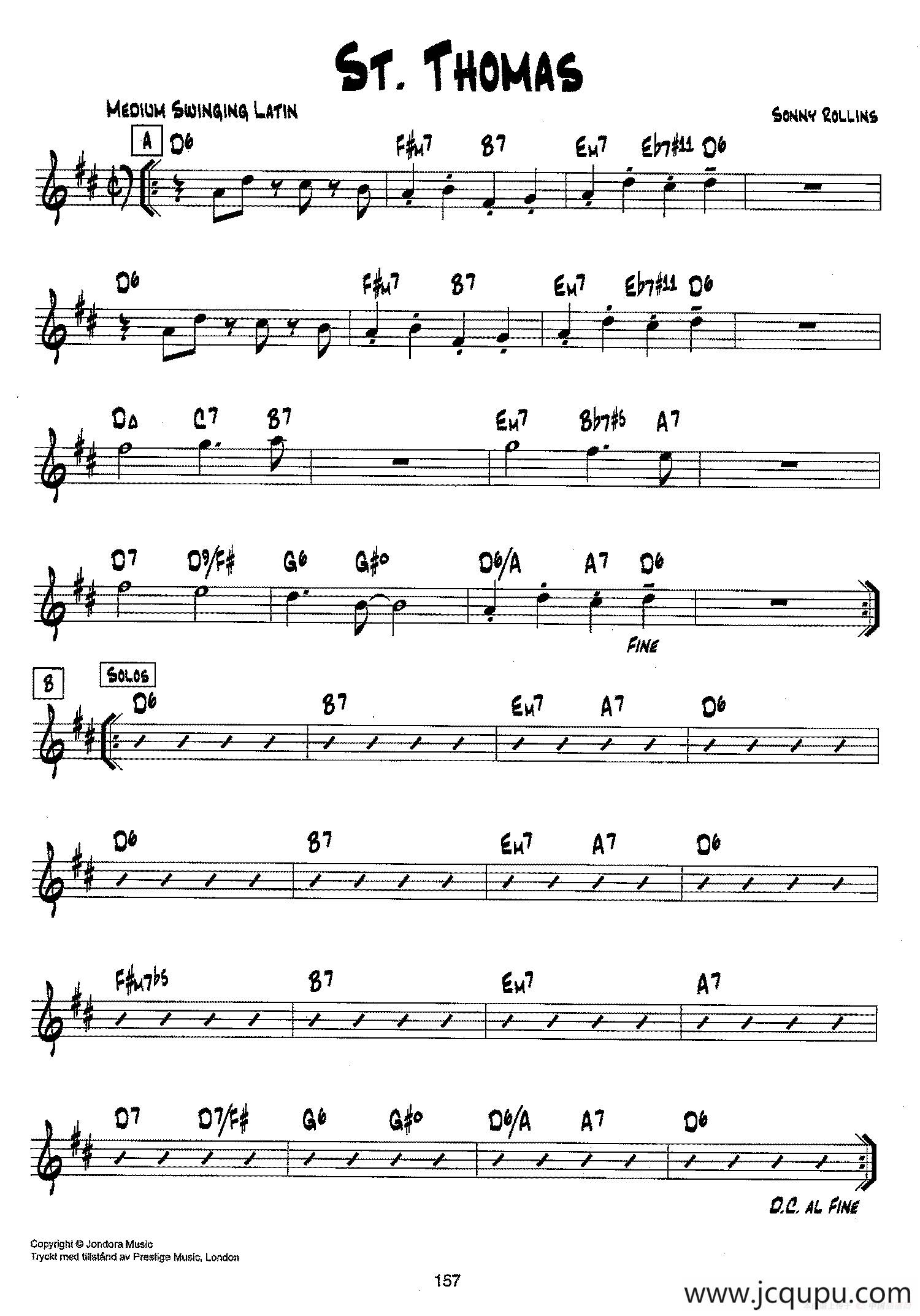 降B爵士乐谱：ST. THOMAS简谱