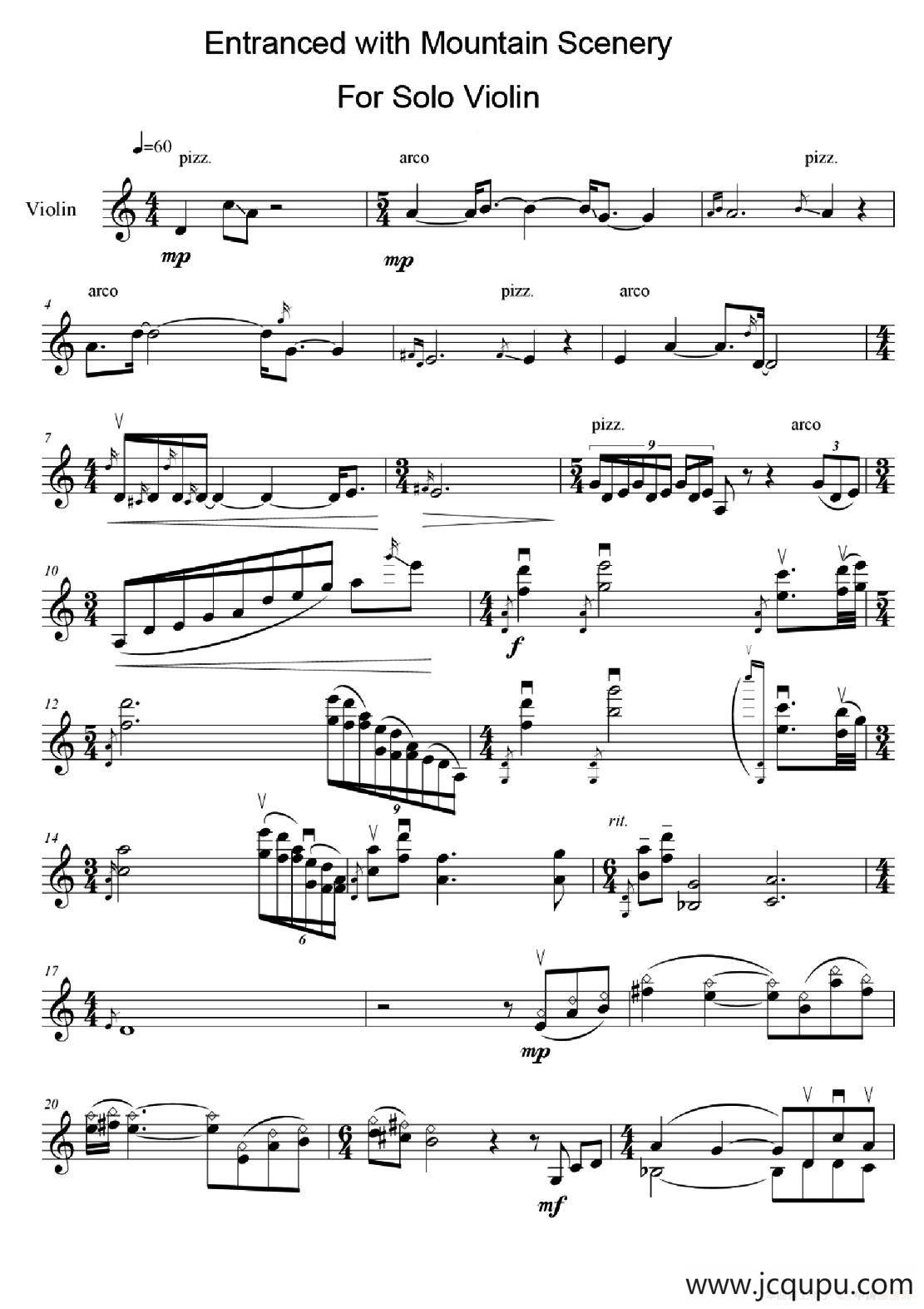 山中醉（Entranced with Mountain Scenery For Solo Violin）简谱