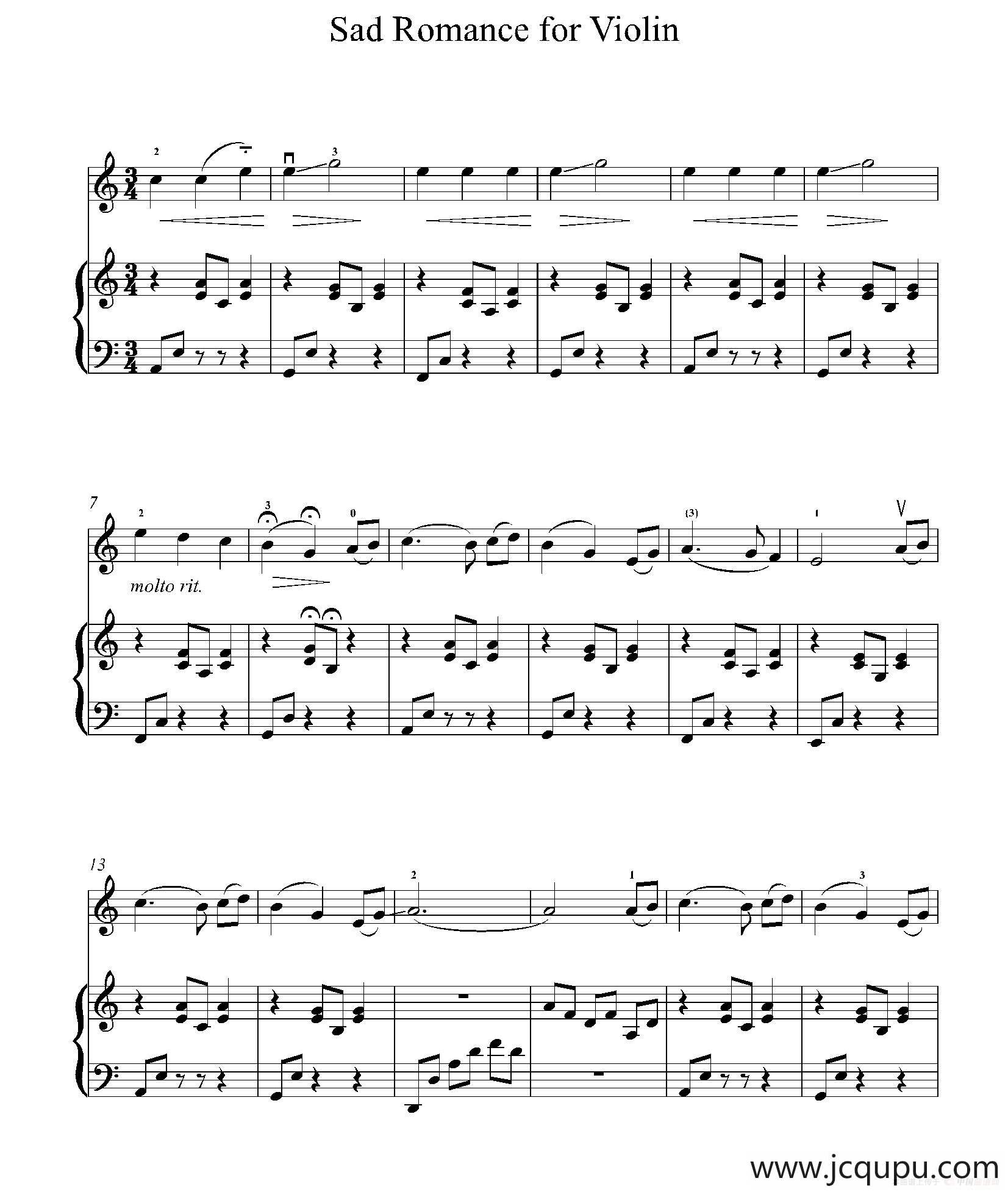 Sad Rommance for Beginning Violin（小提琴+钢琴伴奏）简谱
