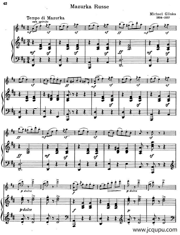 MAZURKA RUSSE（玛祖卡鲁塞）（小提琴+钢琴伴奏）简谱