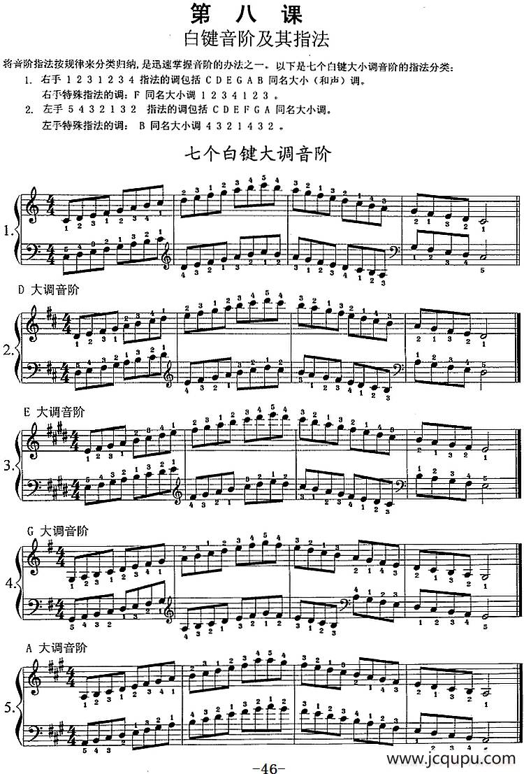 钢琴综合教程：第八课 白键音阶及其指法简谱