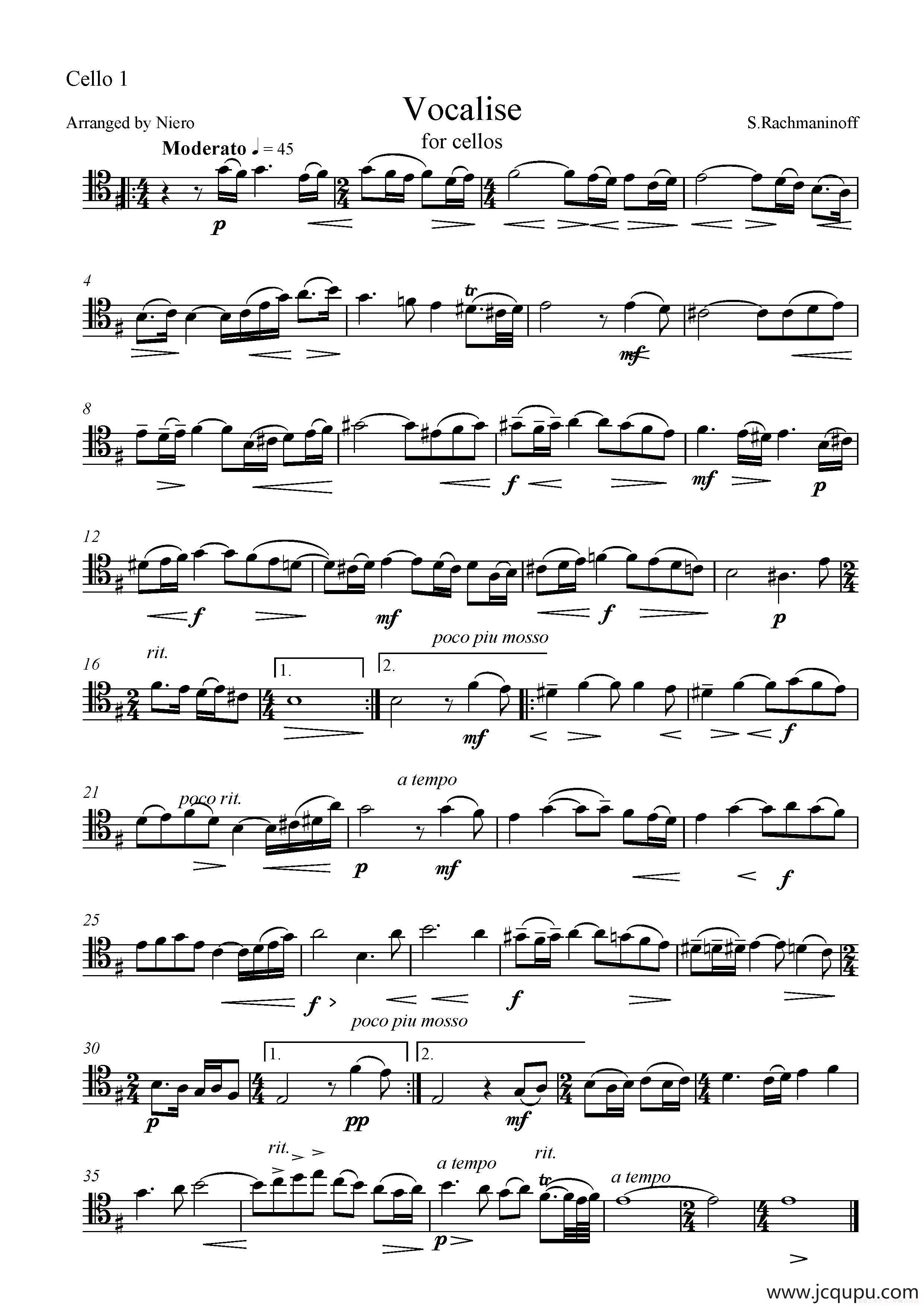vocalise(练声曲)(五重奏第一大提琴分谱)