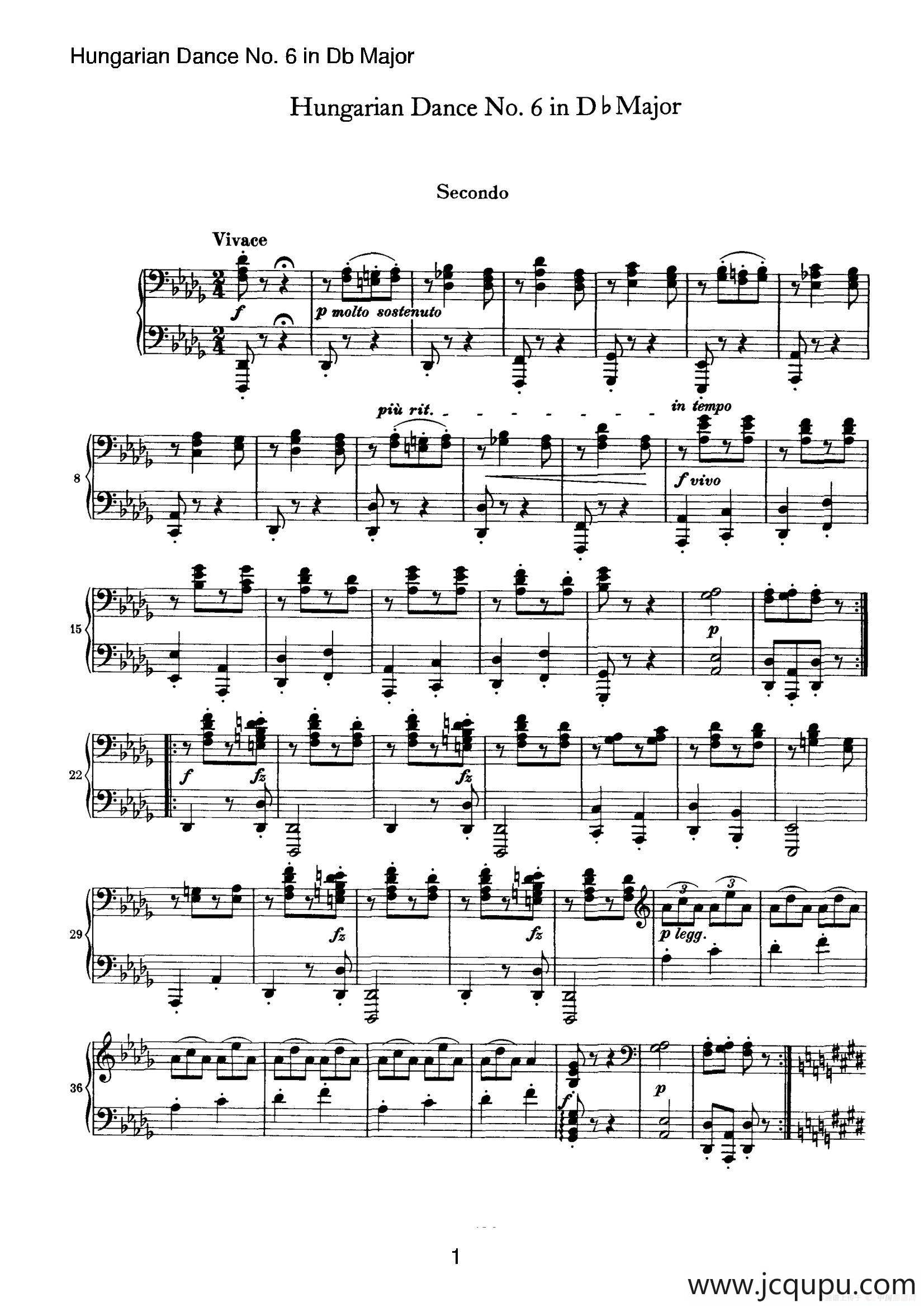 Hungarian Dance for four hands No 6 in Db Major简谱