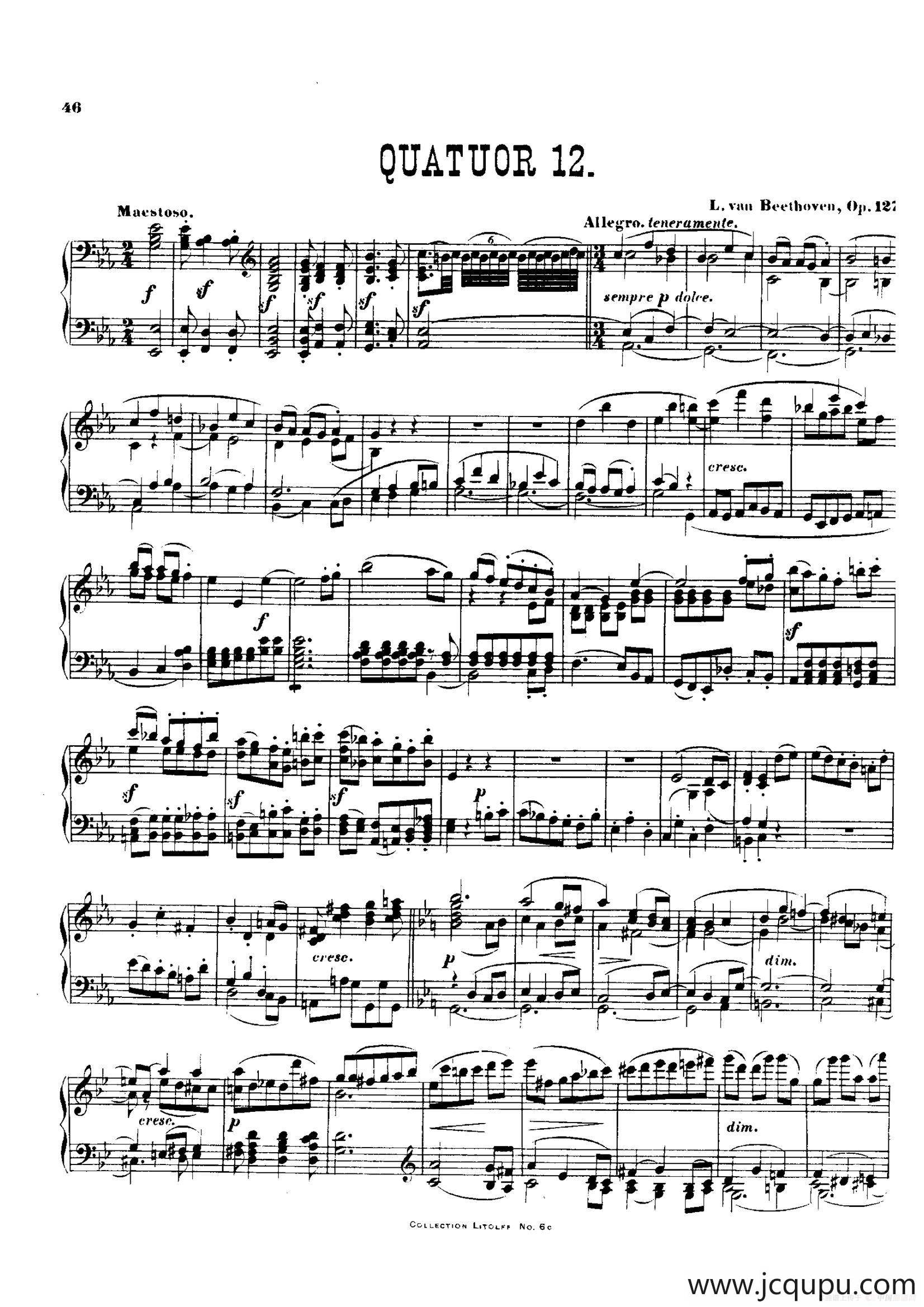 降E大调第十二弦乐四重奏（钢琴独奏版）简谱