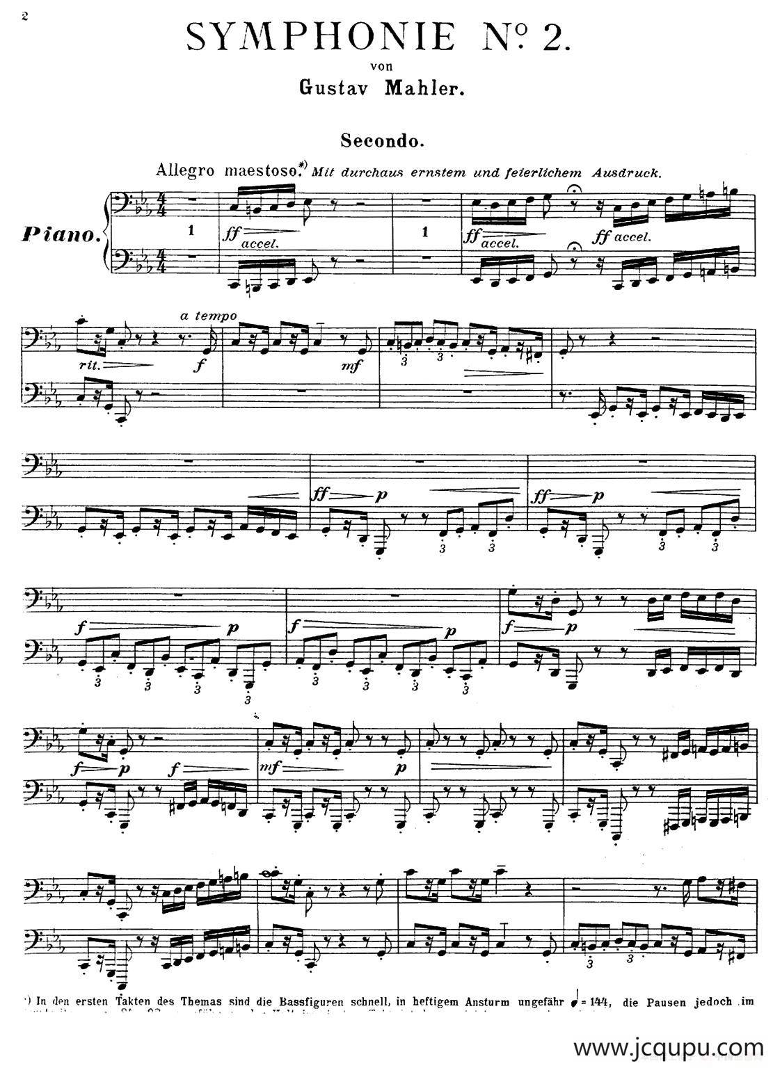 c小调第二交响曲“复活”（Ⅰ）（改编四手联弹版 ）简谱