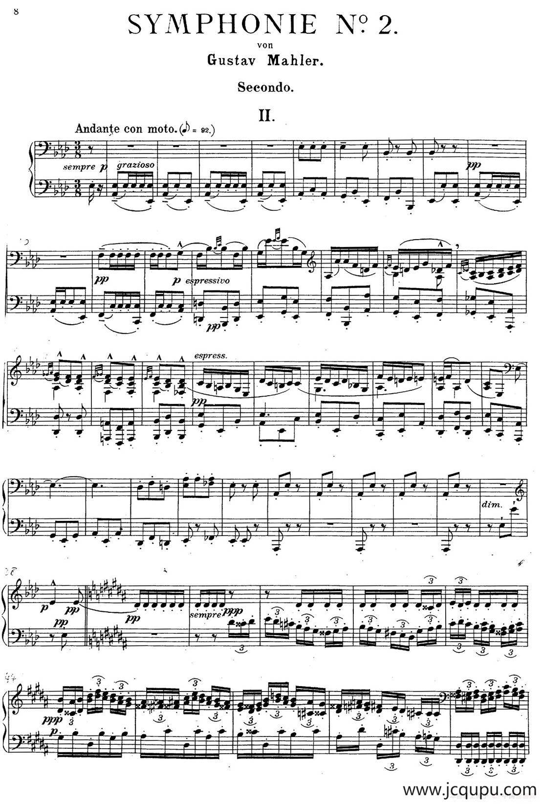 c小调第二交响曲“复活”（Ⅱ）（改编四手联弹版）简谱