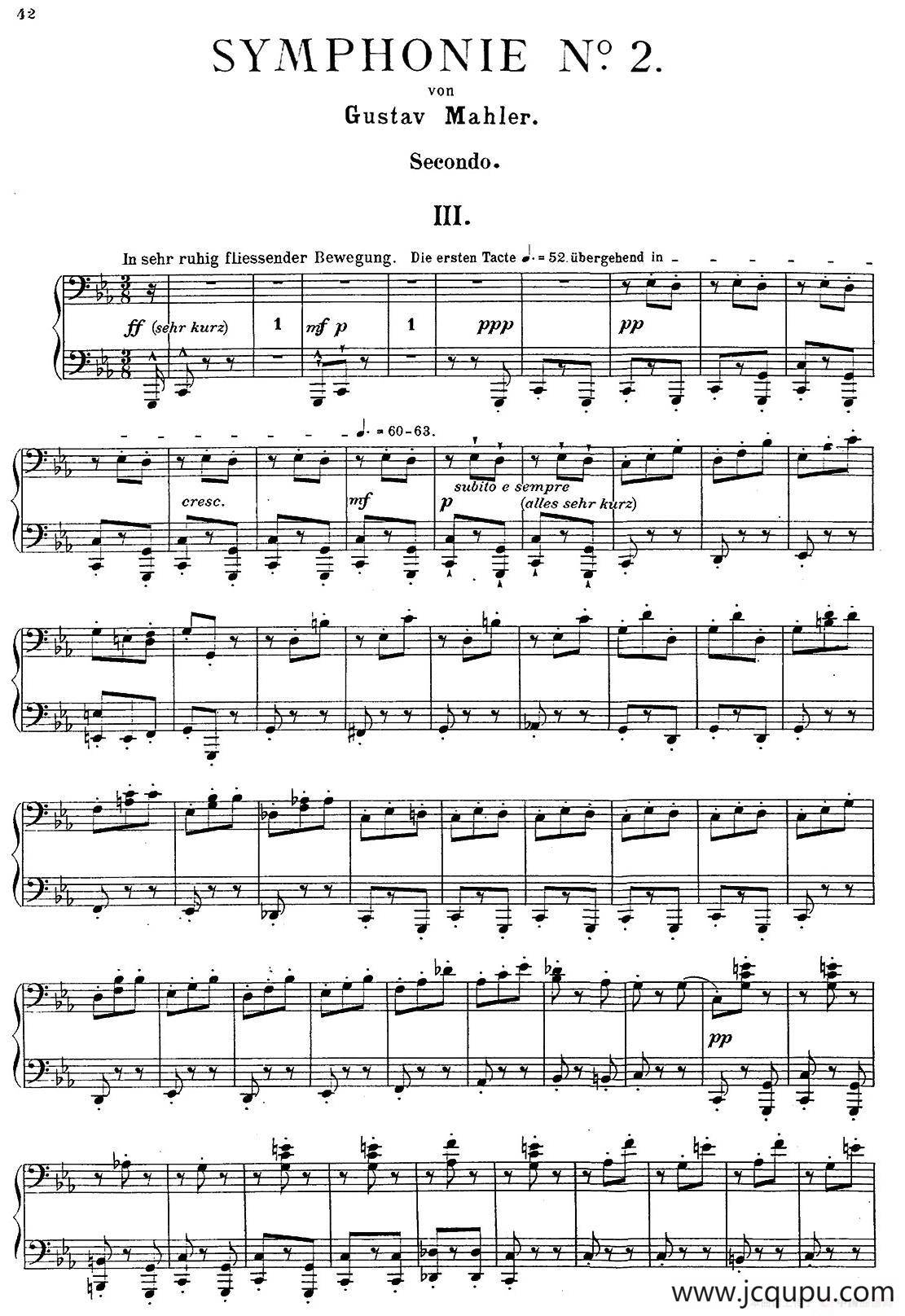 c小调第二交响曲“复活”（Ⅲ）（改编四手联弹版）简谱