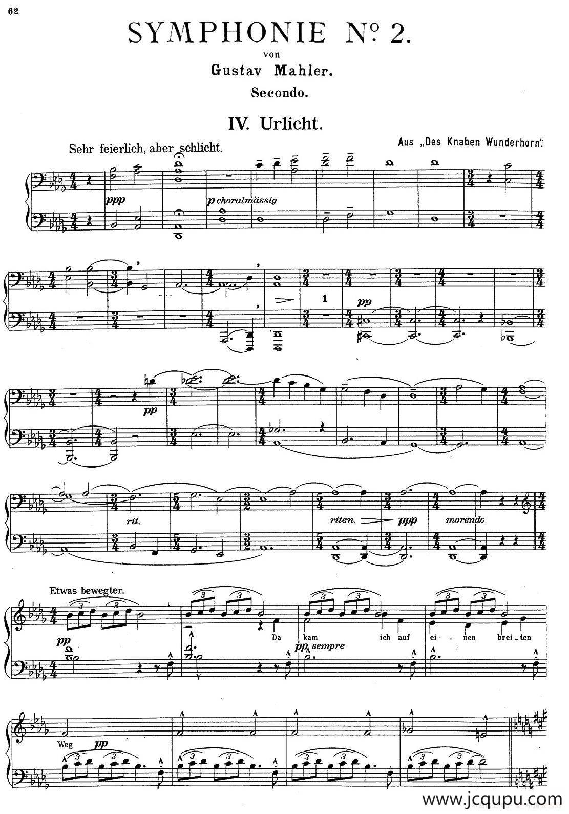 c小调第二交响曲“复活”（Ⅳ）（改编四手联弹版）简谱