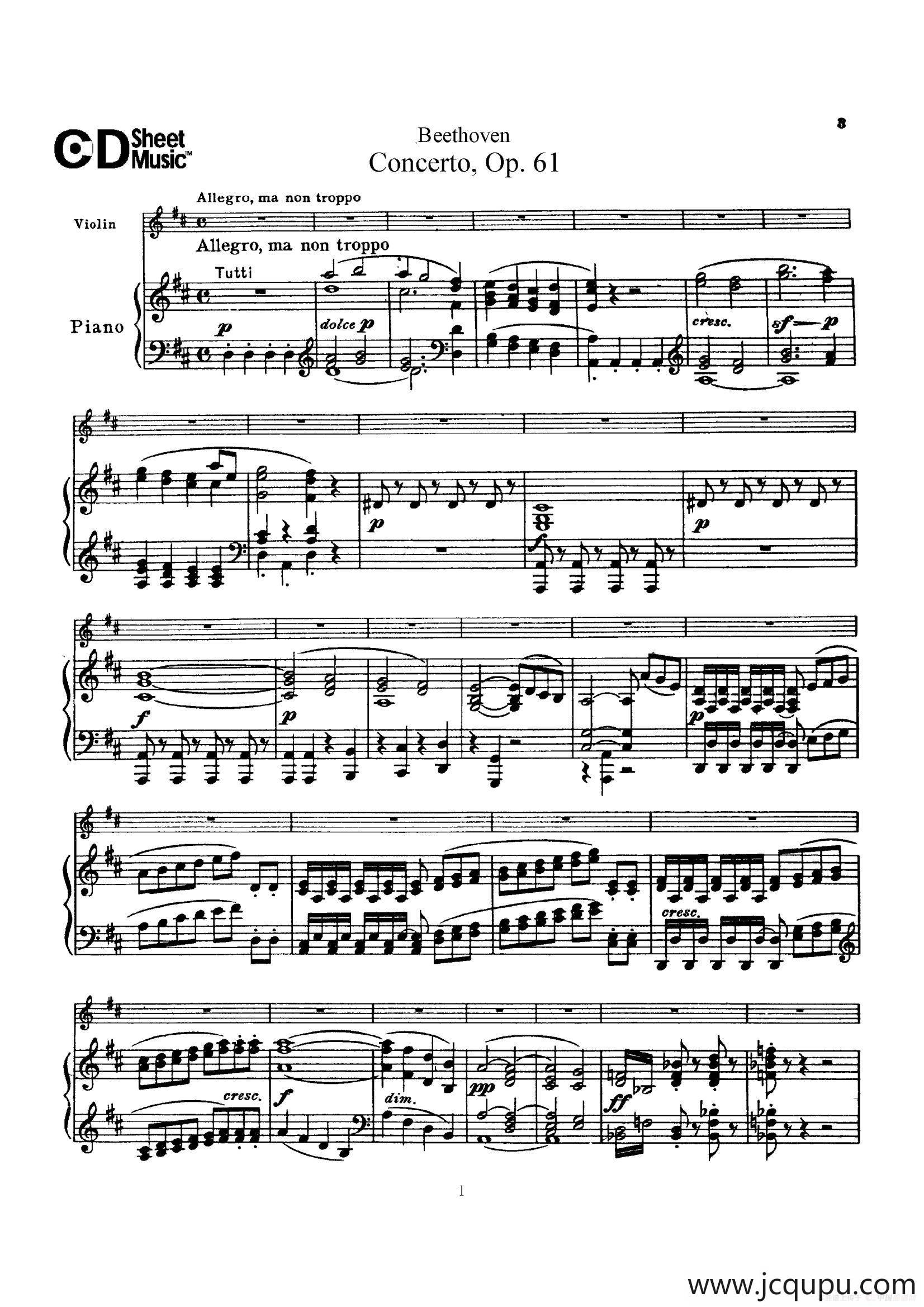 D大调小提琴协奏曲 Op.61（小提琴与钢琴版）简谱