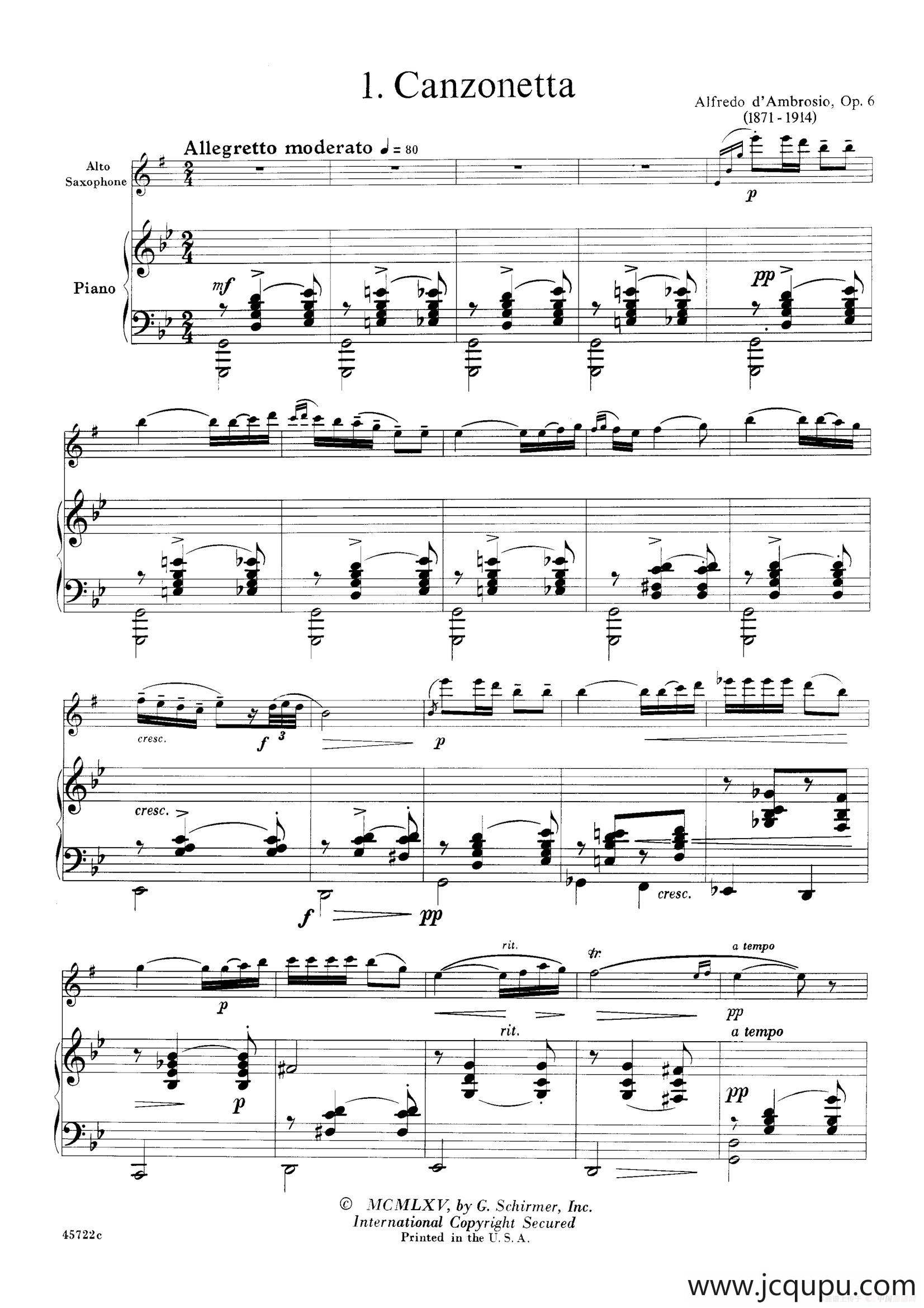 15首古典萨克斯独奏曲：1、Canzonetta（中音萨克斯+钢琴伴奏）简谱