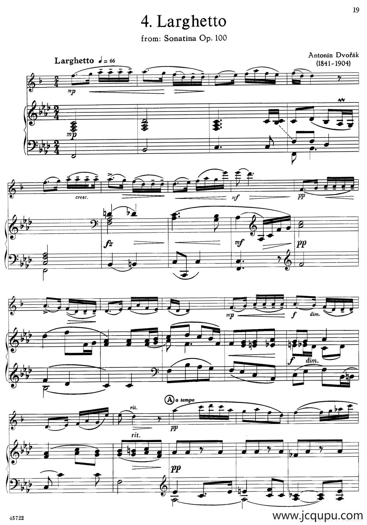 15首古典萨克斯独奏曲：4、Larghetto（中音萨克斯+钢琴伴奏）简谱