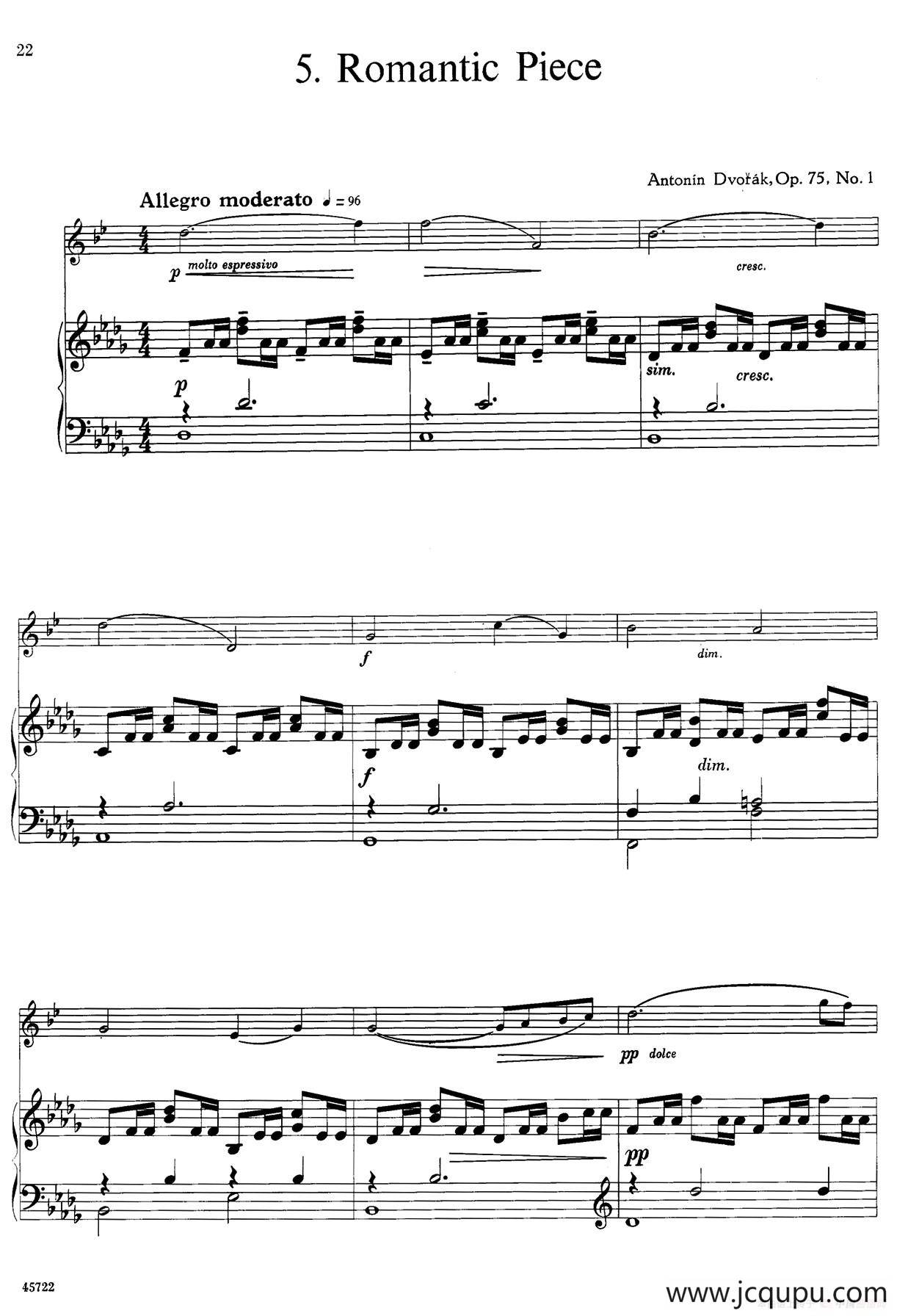 15首古典萨克斯独奏曲：5、Romantic Piece（中音萨克斯+钢琴伴奏）简谱