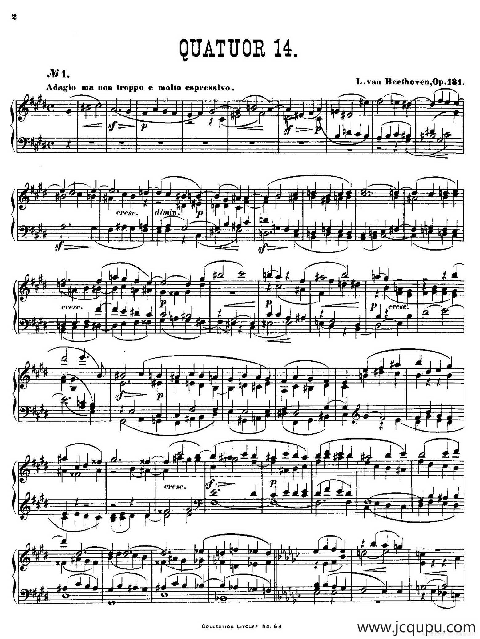 Quartet No.14（升c小调第十四弦乐四重奏钢琴版）简谱