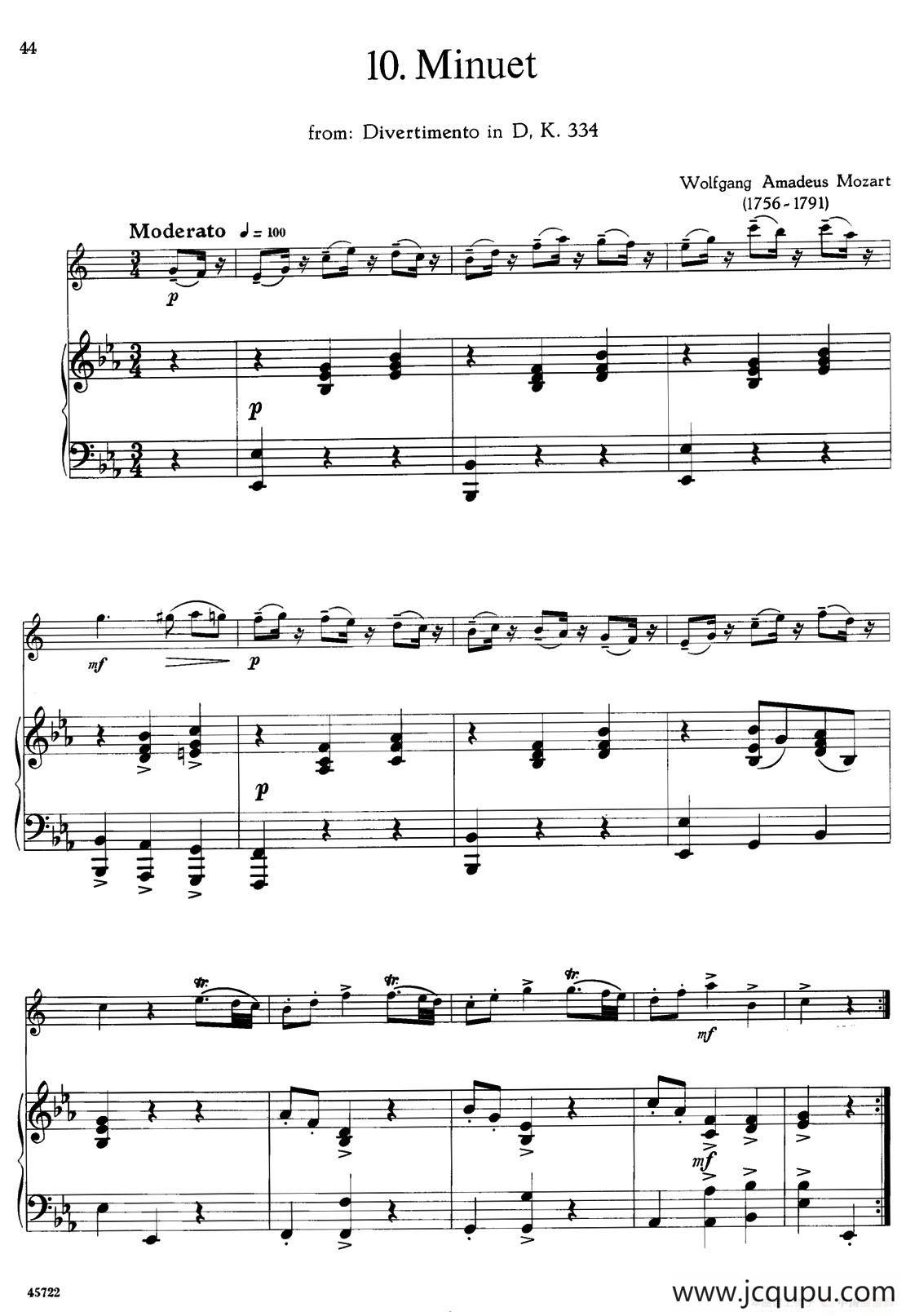 15首古典萨克斯独奏曲：10、Minuet（中音萨克斯+钢琴伴奏）简谱