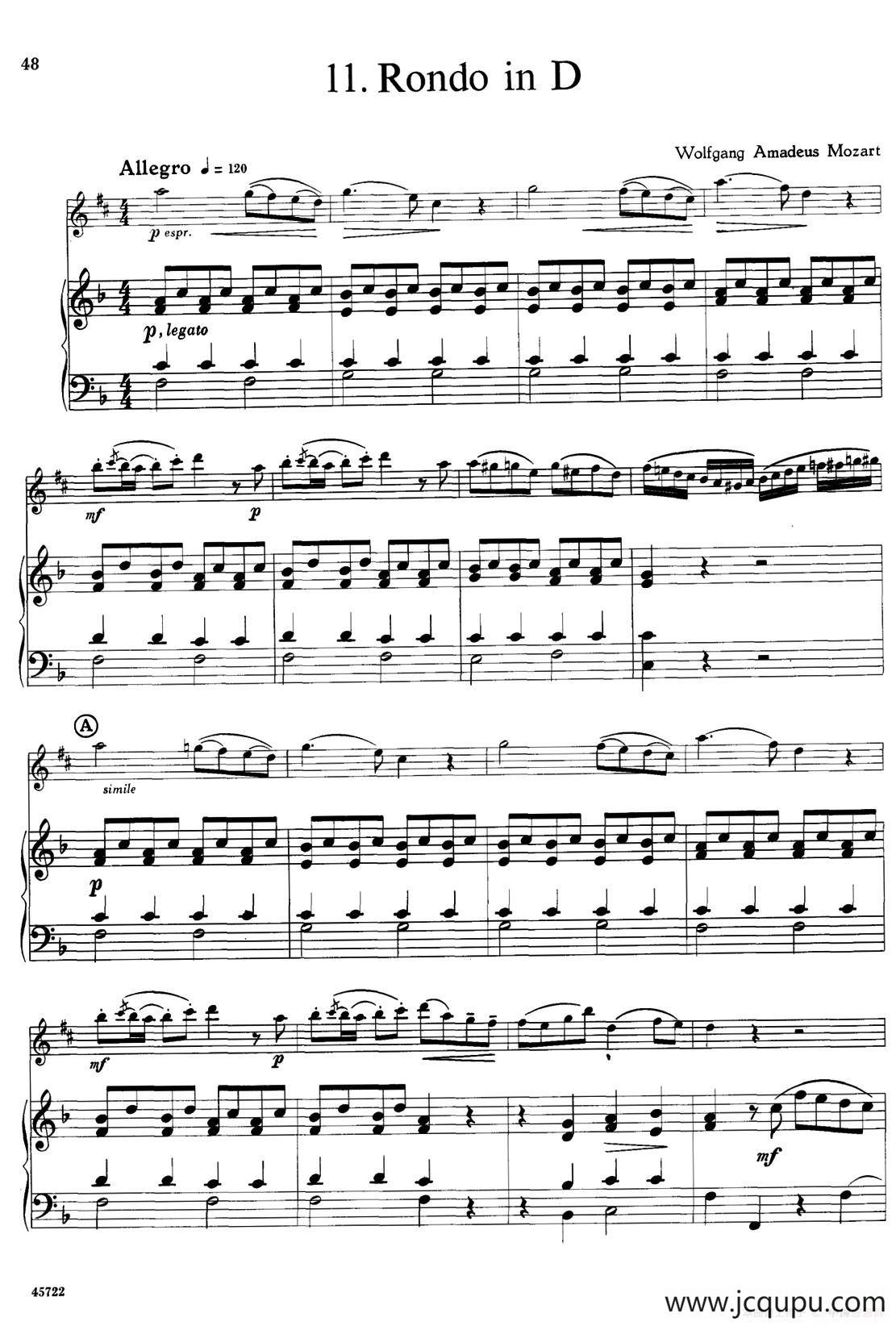 15首古典萨克斯独奏曲：11、Rondo in D（中音萨克斯+钢琴伴奏）简谱