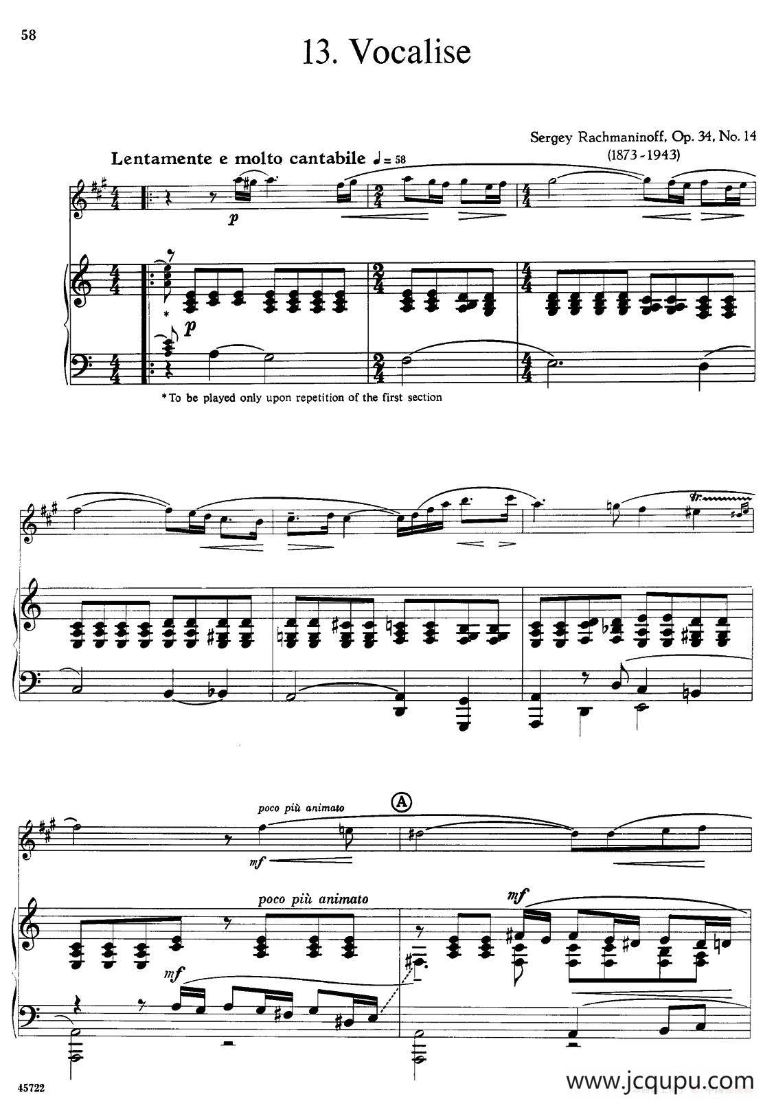 15首古典萨克斯独奏曲：13、Vocalise（中音萨克斯+钢琴伴奏）简谱