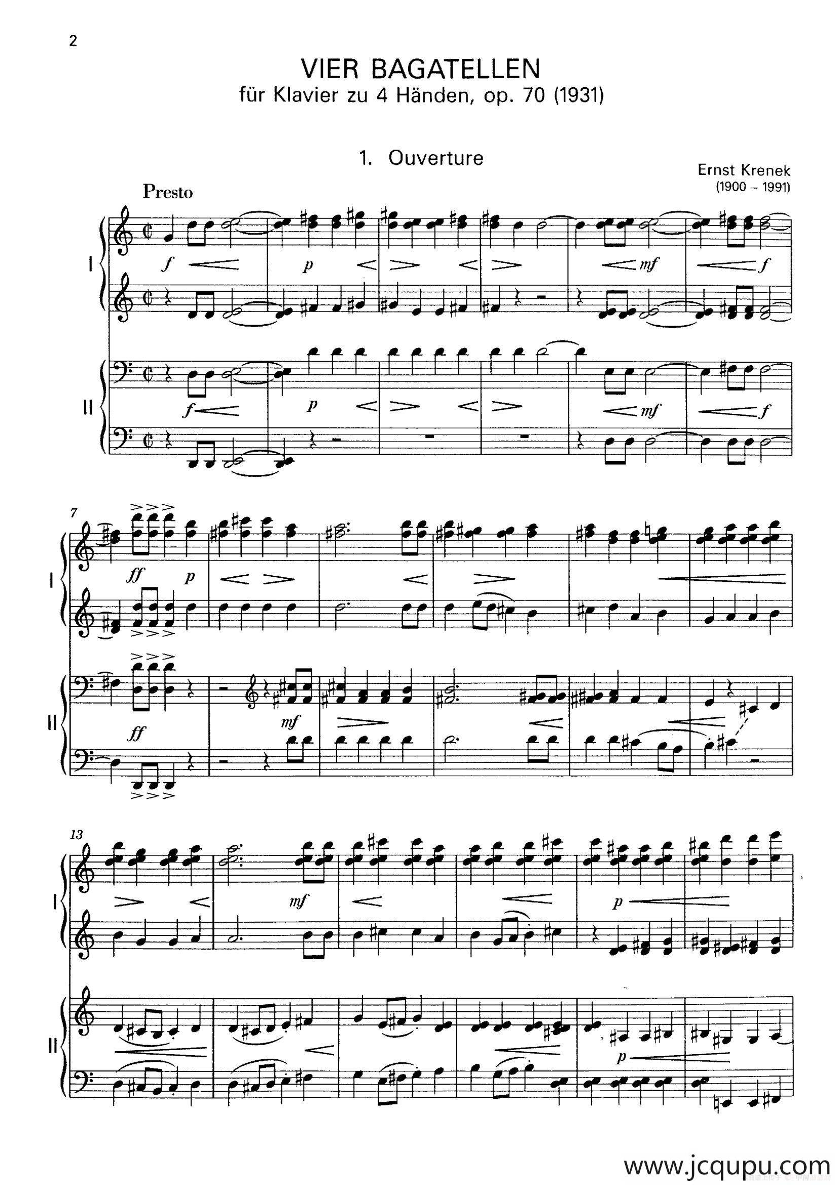 Vier Bagatellen Op.70（4首小品·Ⅰ·四手联弹）简谱