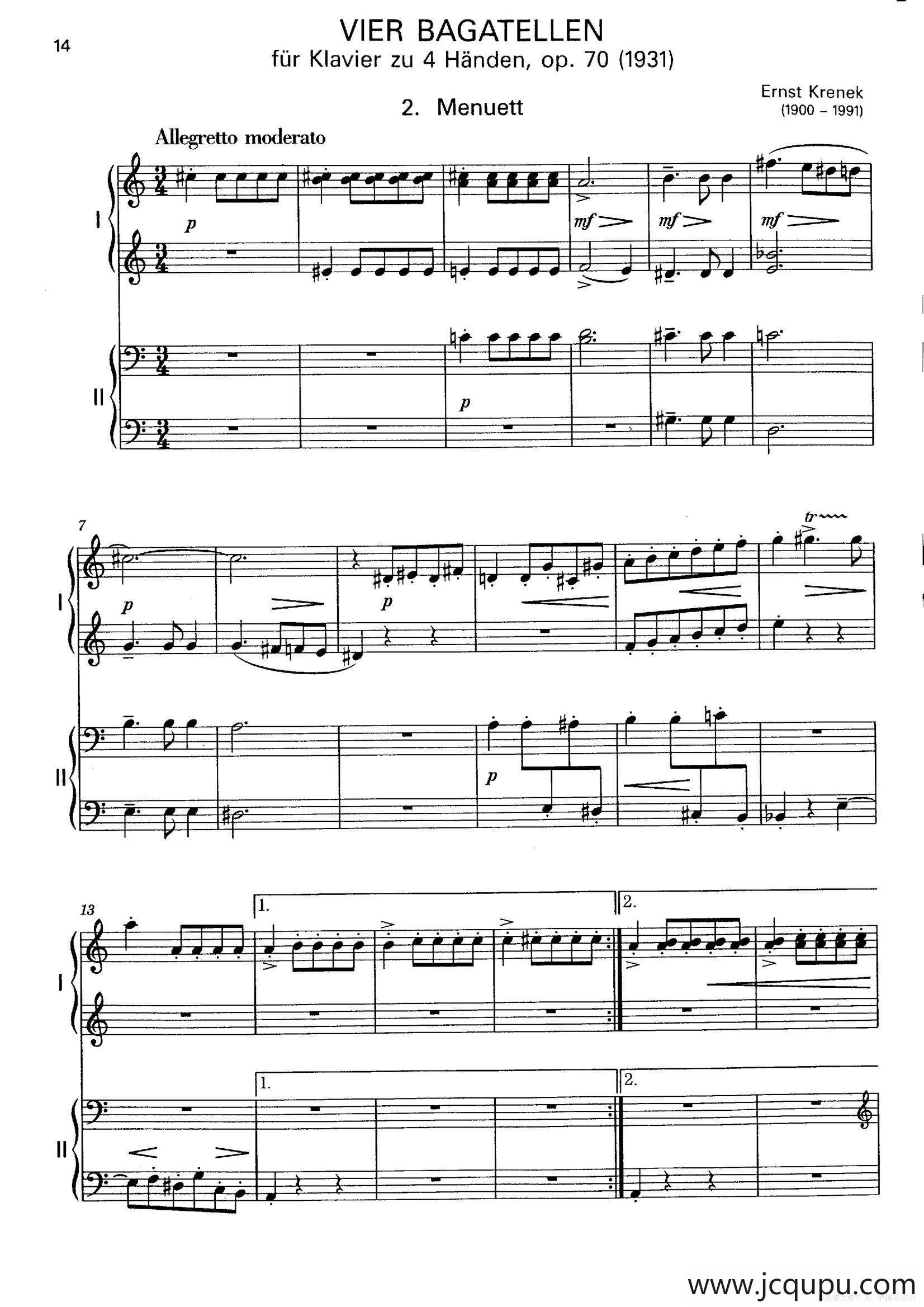 Vier Bagatellen Op.70（4首小品·Ⅱ·四手联弹）简谱