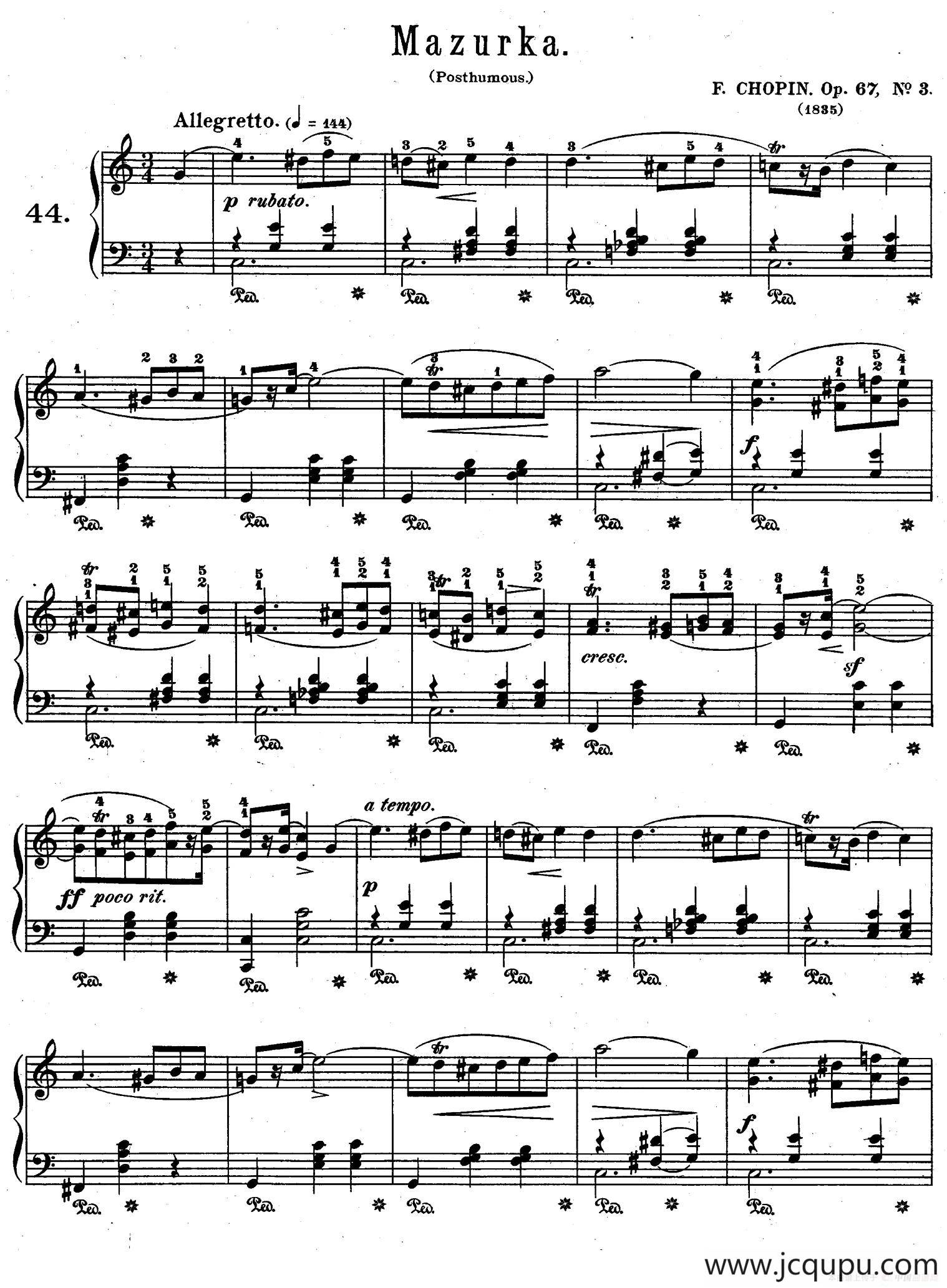 Quatre Mazurkas Op.67 Op.3（4首玛祖卡舞曲·3）简谱