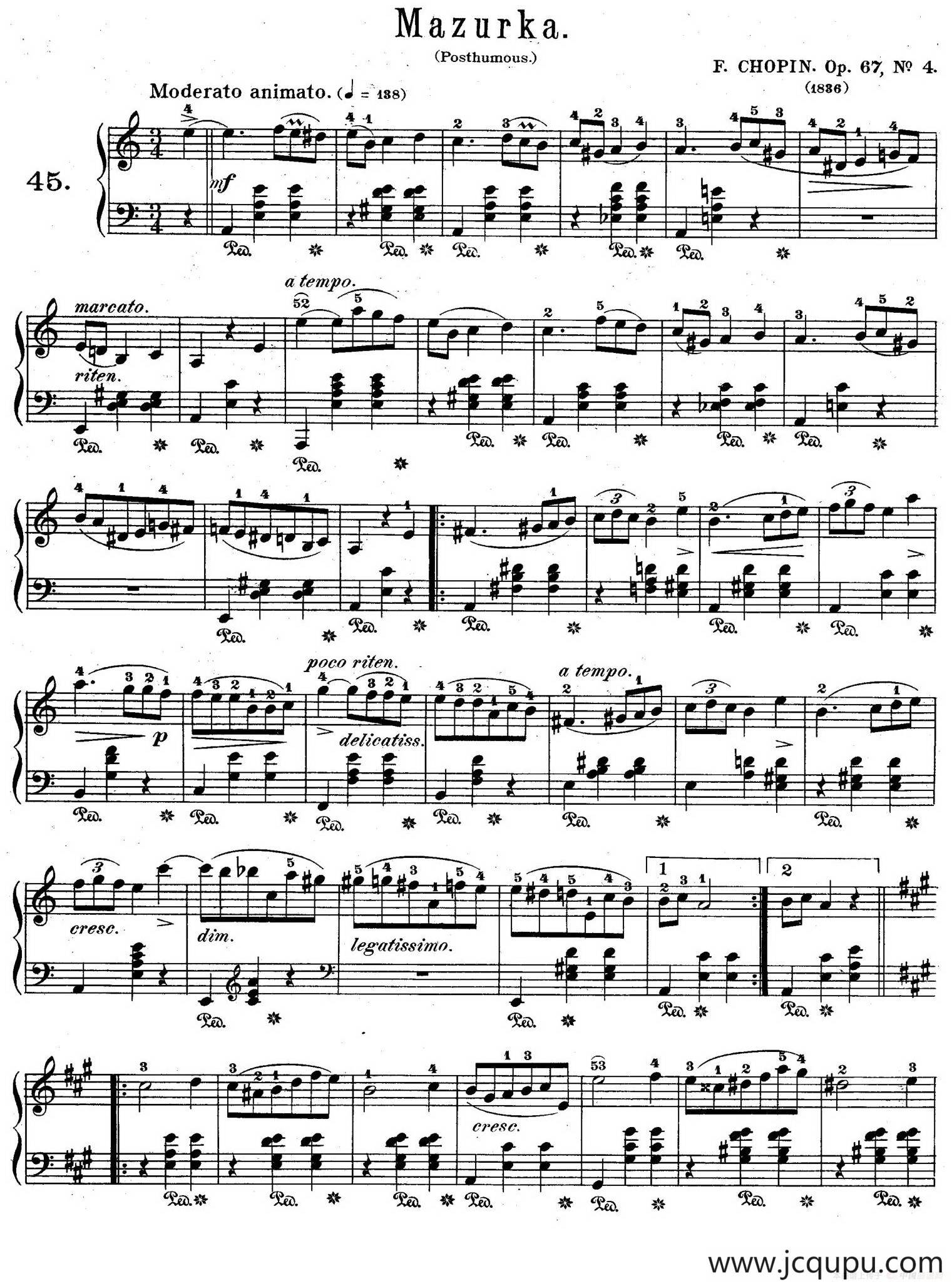 Quatre Mazurkas Op.67 Op.4（4首玛祖卡舞曲·4）简谱