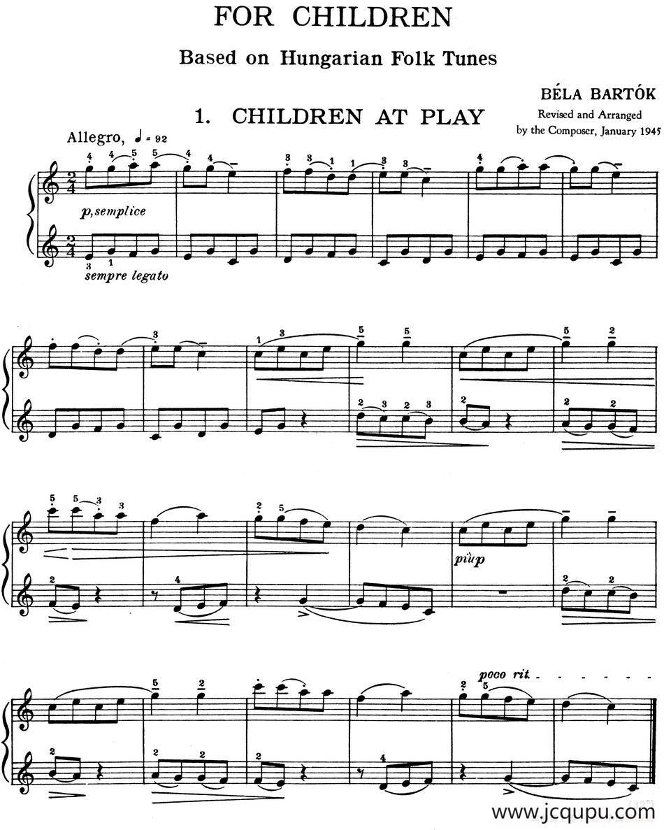 For Children Sz.42（献给孩子们·1）简谱