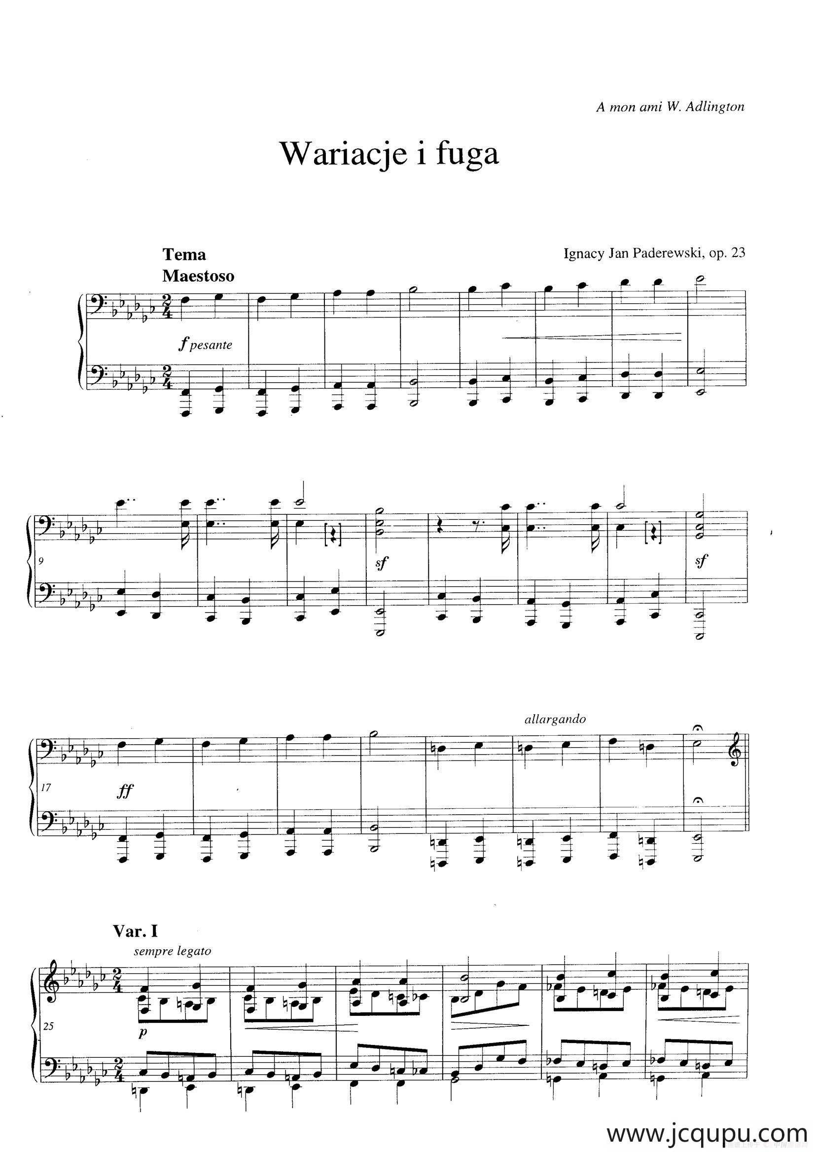 Variations and Fuge in e-flat Minor Op.23（降e小调主题变奏与赋格）简谱