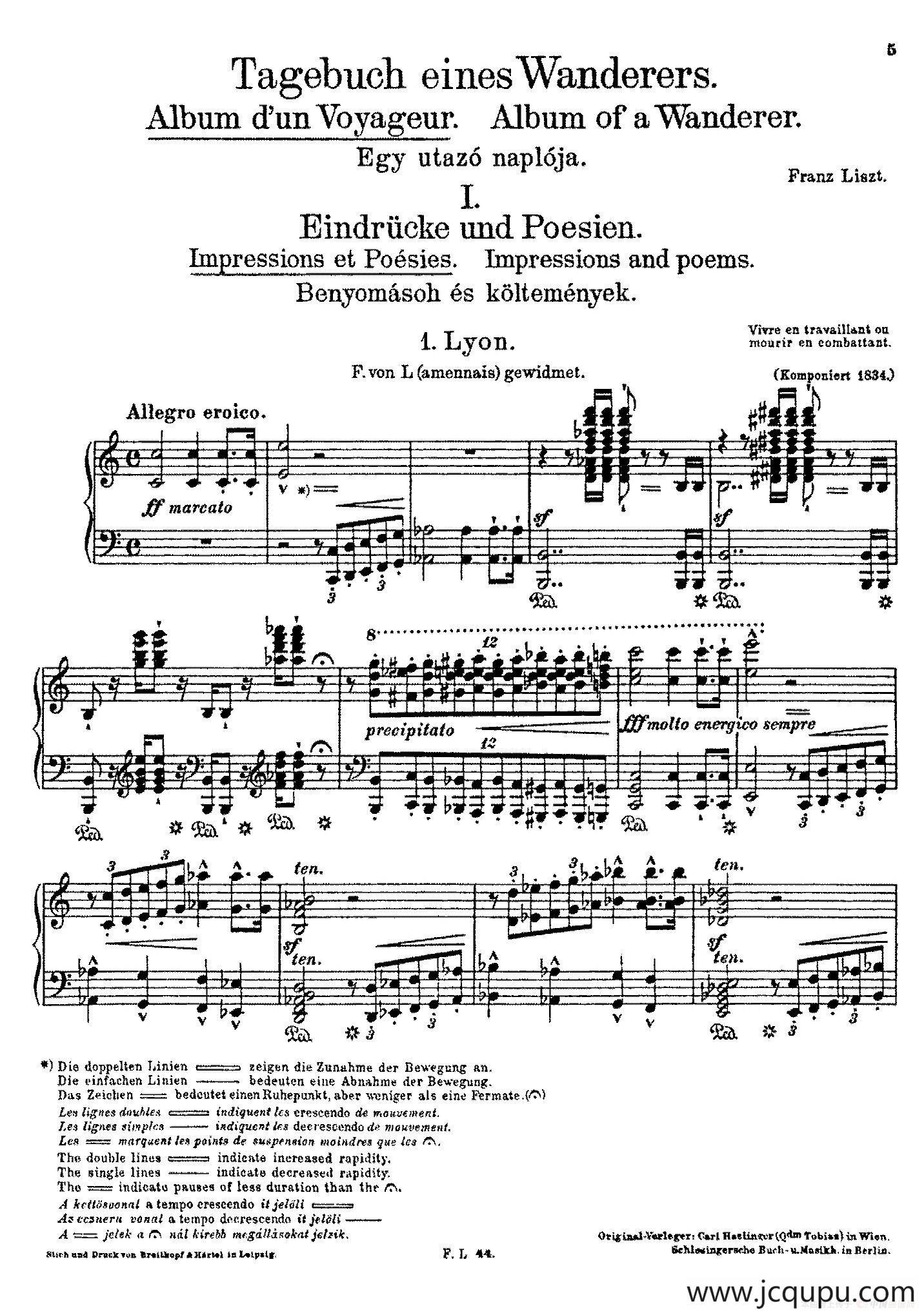 Album d'un Voyageur S.156（旅行者札记·第一册）（印象与诗篇·1. 里昂 Lyon）简谱