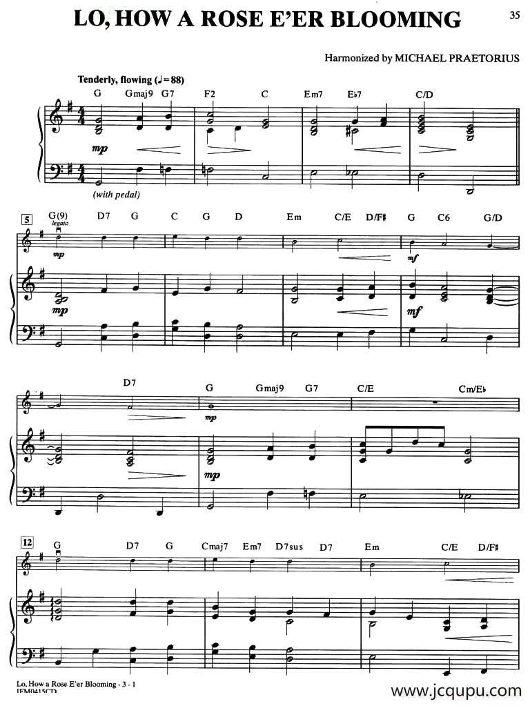 LO,HOW A ROSE E'ER BLOOMING（钢琴伴奏）简谱