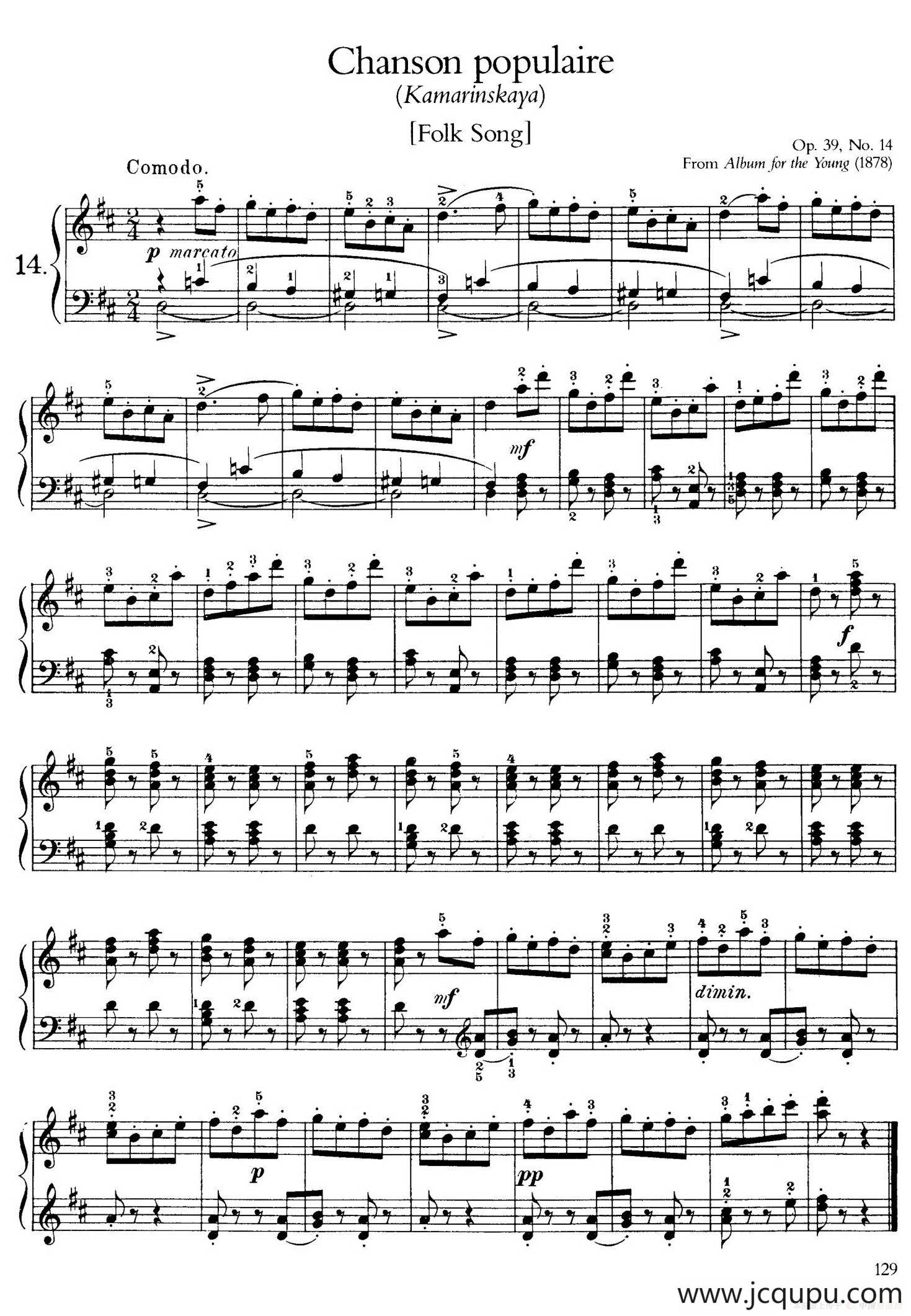 Album for the Young Op.39（儿童钢琴曲集）（14. 民歌“卡玛林斯卡亚” Folk Song: Kamarinskaya）简谱