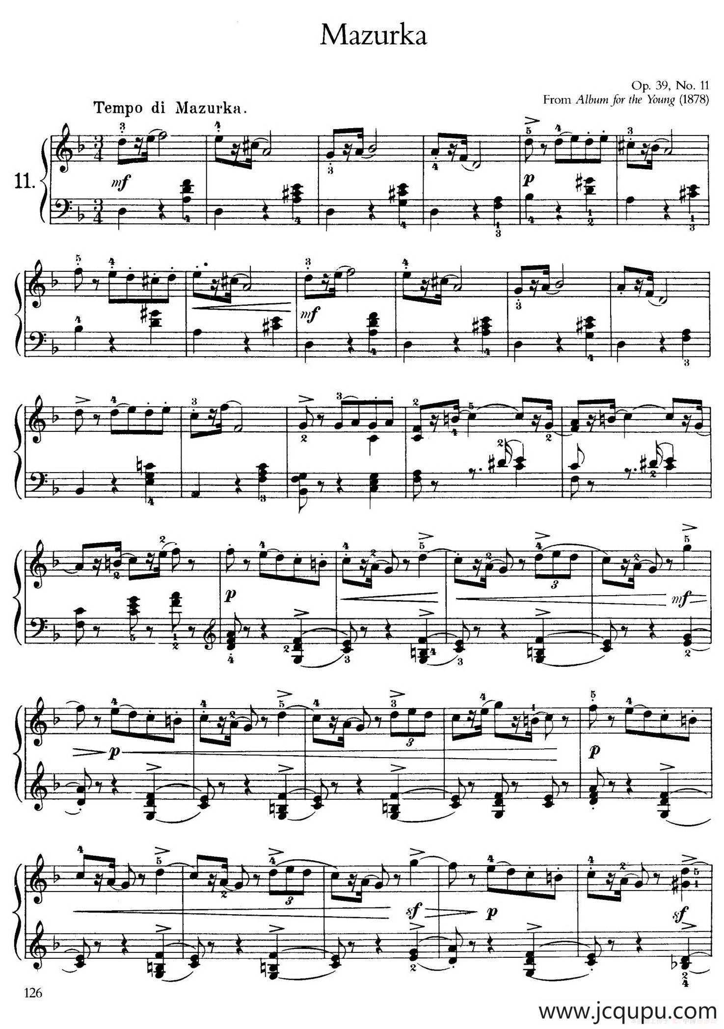 Album for the Young Op.39（儿童钢琴曲集）（11. 玛祖卡 Mazurka）简谱