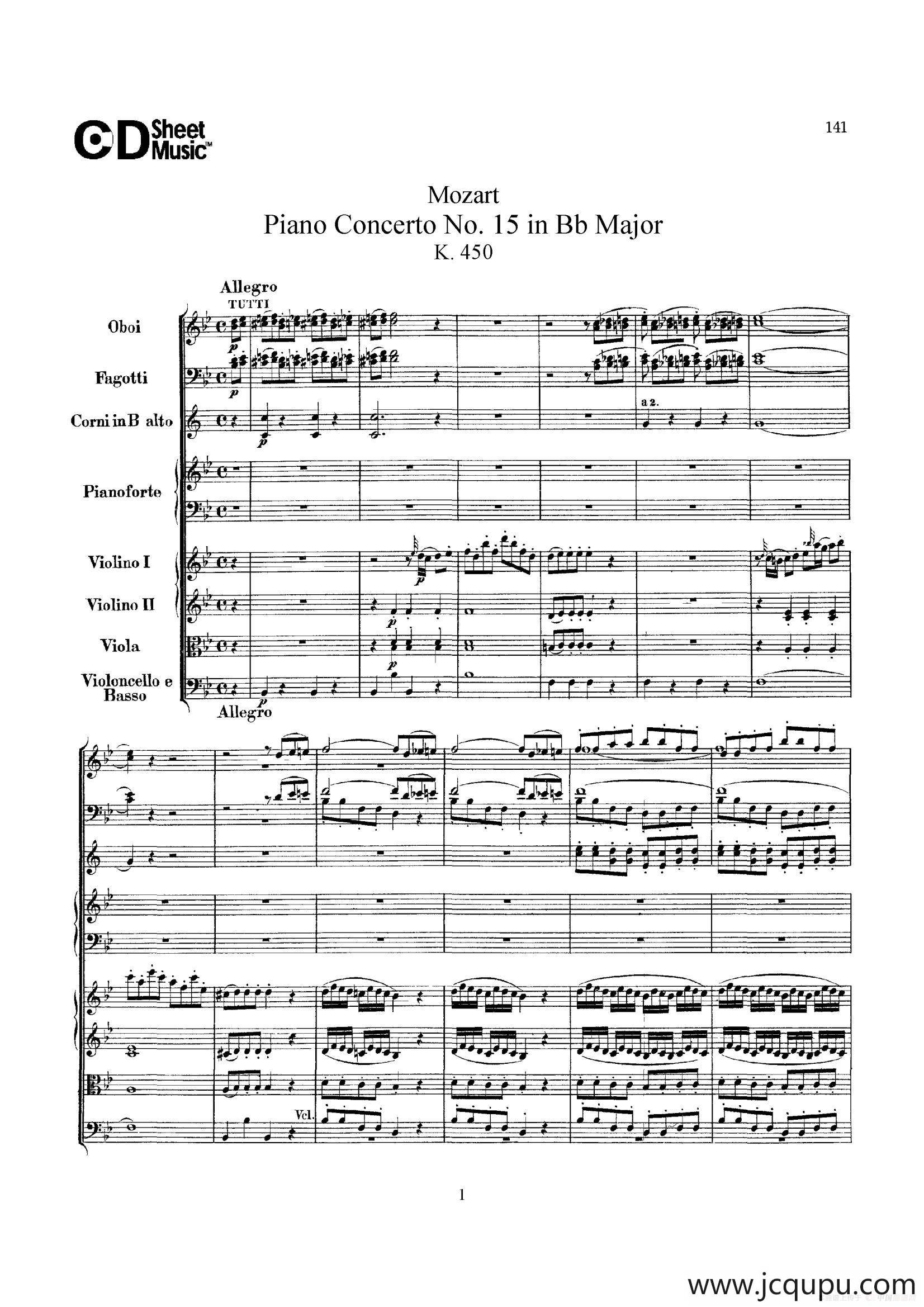 Piano Concerto No.15 in Bb Major K.450 - Full Score （降B大调钢琴协奏曲总谱）简谱
