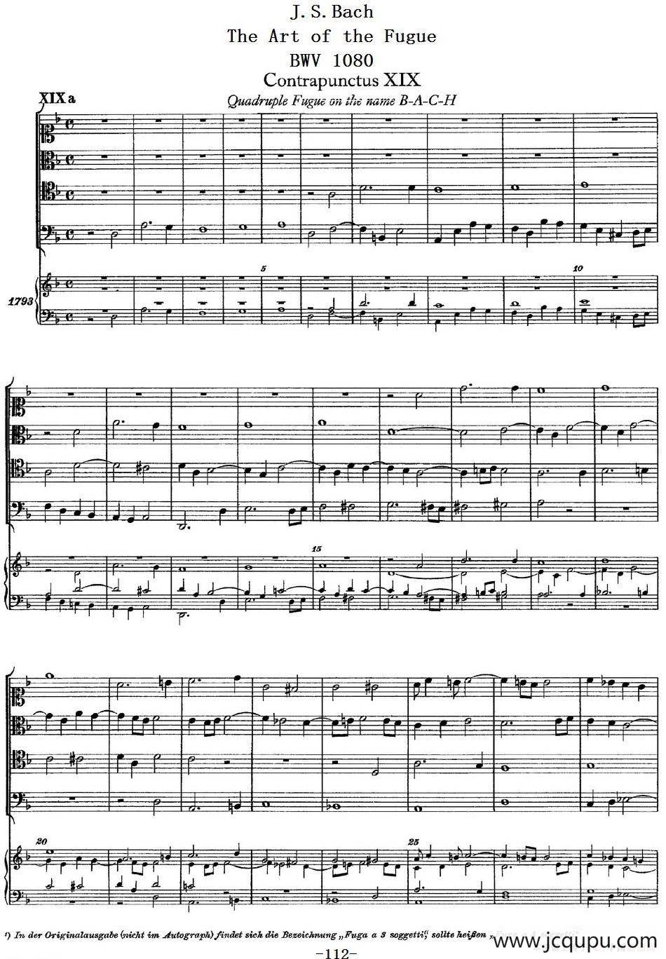 The Art of the Fugue BWV 1080（赋格的艺术-XIX）简谱